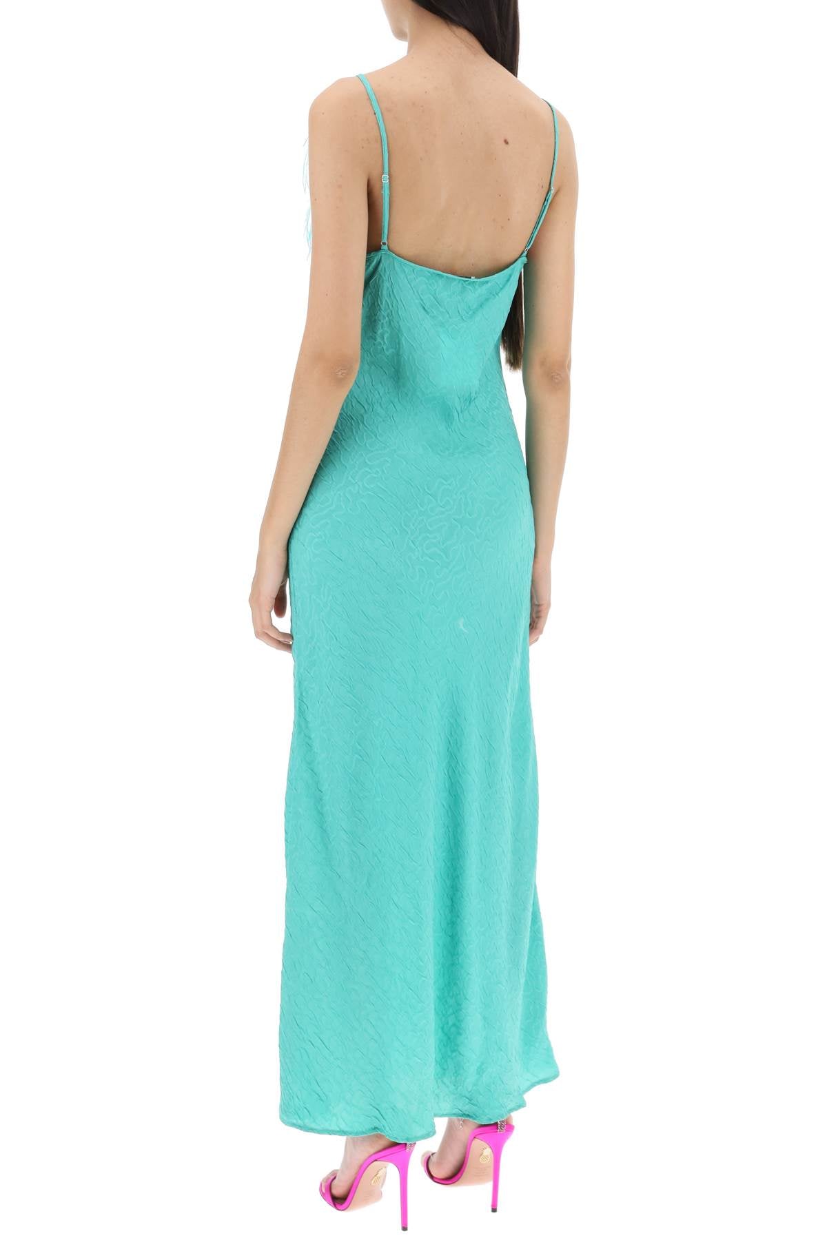 Ella Jacquard Satin Maxi Slip Dress with Feathers - Elegant Evening Gown for Parties, Weddings & Special Occasions
