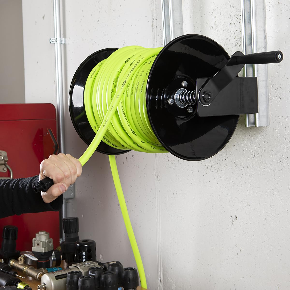 Flexzilla 3/8 in. x 50 ft. Heavy Duty Lightweight Hybrid Air Hose Reel with Manual Open Face - ZillaGreen L8652FZ | Ideal for Workshops, Garages & Industrial Air Tool Applications
