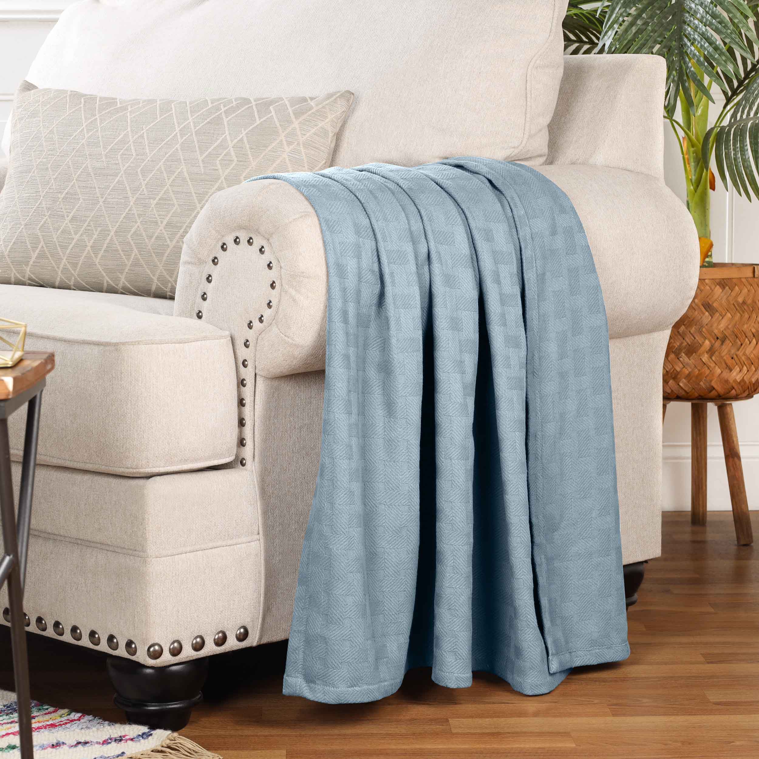 Soft Basketweave All-Season Cotton Bed Blanket & Sofa Throw - Lightweight Breathable Blanket for Bedroom, Living Room, Travel and Outdoor Use