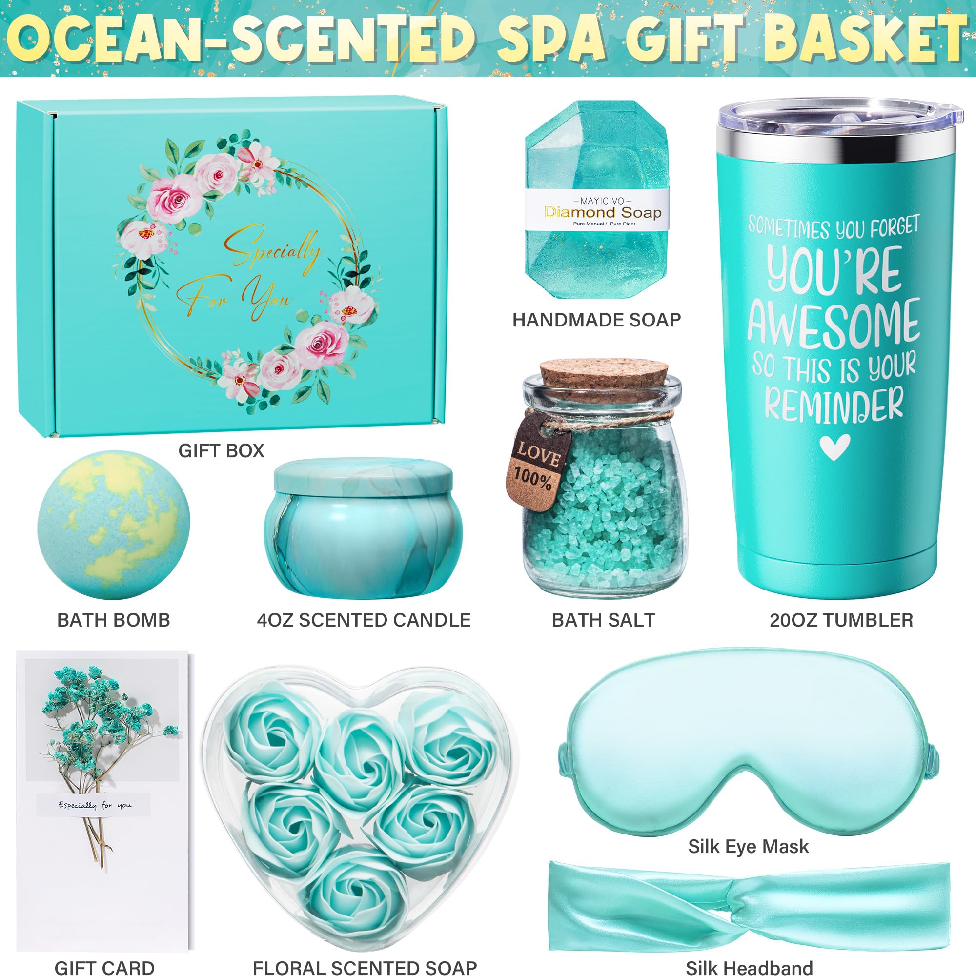 Relaxing Ocean Spa Gift Basket for Women - Self Care Birthday, Thank You, Mother's Day Gifts for Mom, Wife, Sister, Best Friend, Coworker, Nurse, Teacher - Perfect for Home Spa Nights and Stress Relief