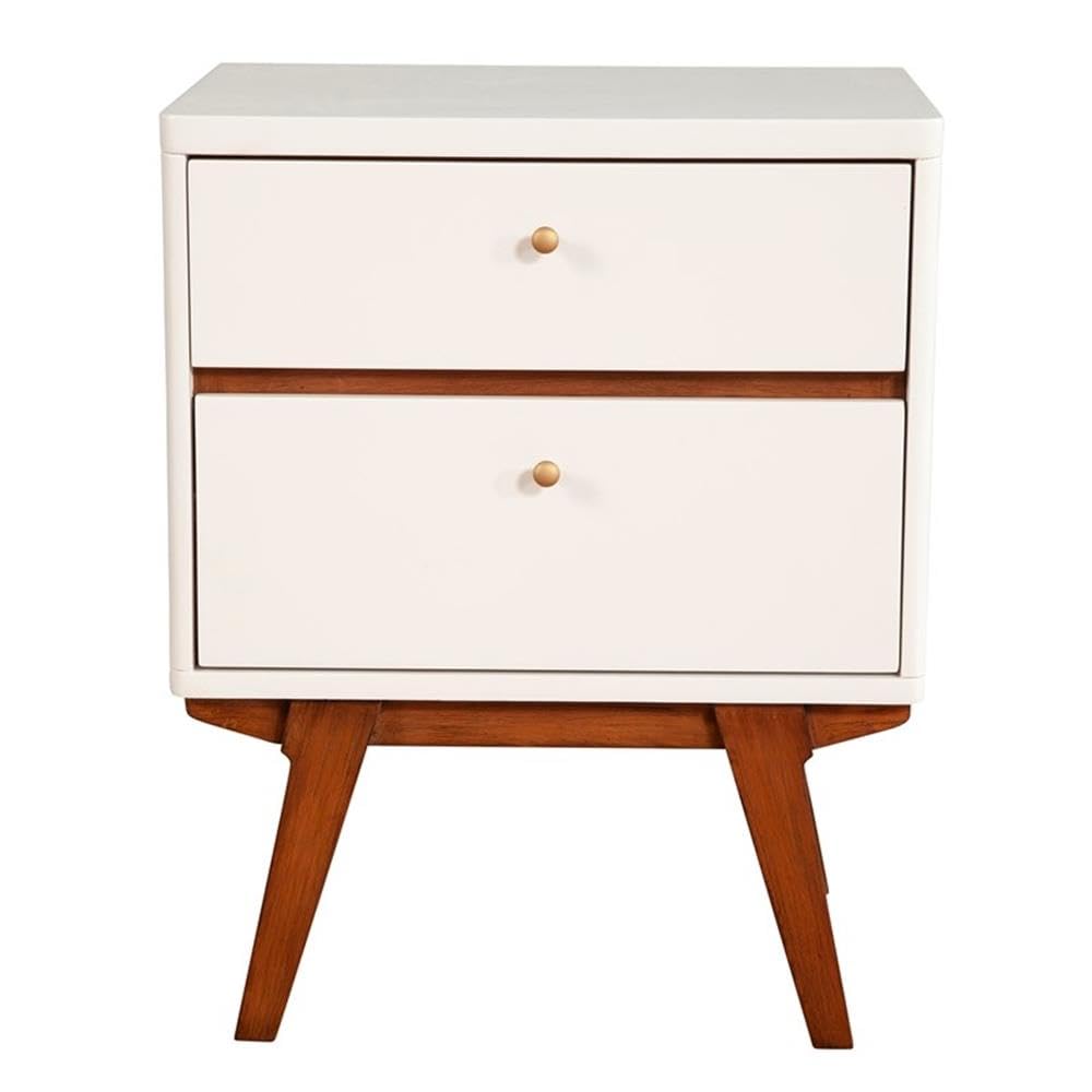 BOWERY HILL White Wood Nightstand with 2 Drawers - Perfect for Bedroom, Living Room & Guest Room Storage