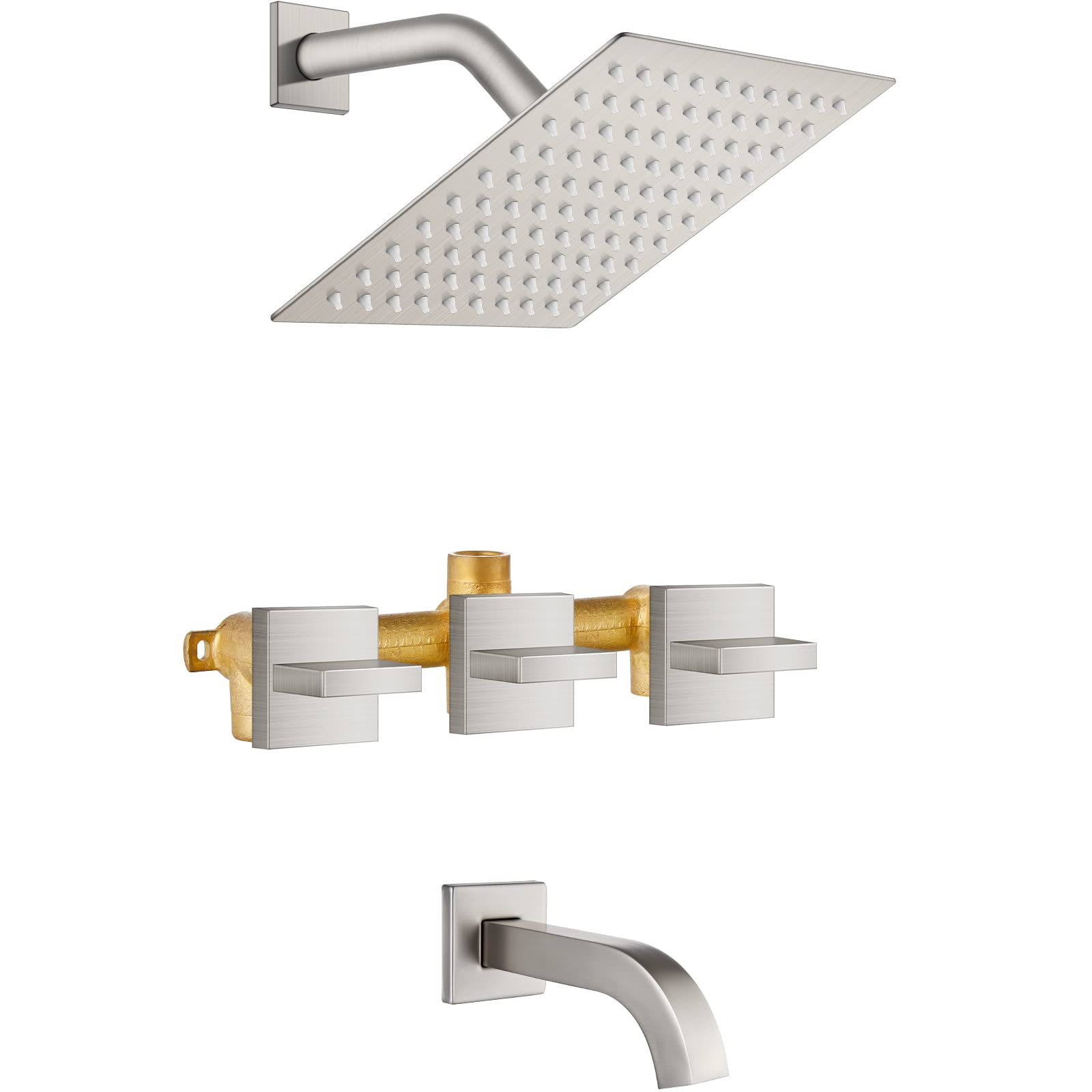 Midanya 3 Handle Tub Shower Faucet Set - 8 Inch Rainfall Showerhead with Tub Spout, Wall Mount Brushed Nickel Bathroom Shower System & Rough-in Valve (Perfect for Modern Bathroom Renovations & Spa-Like Shower Experience)