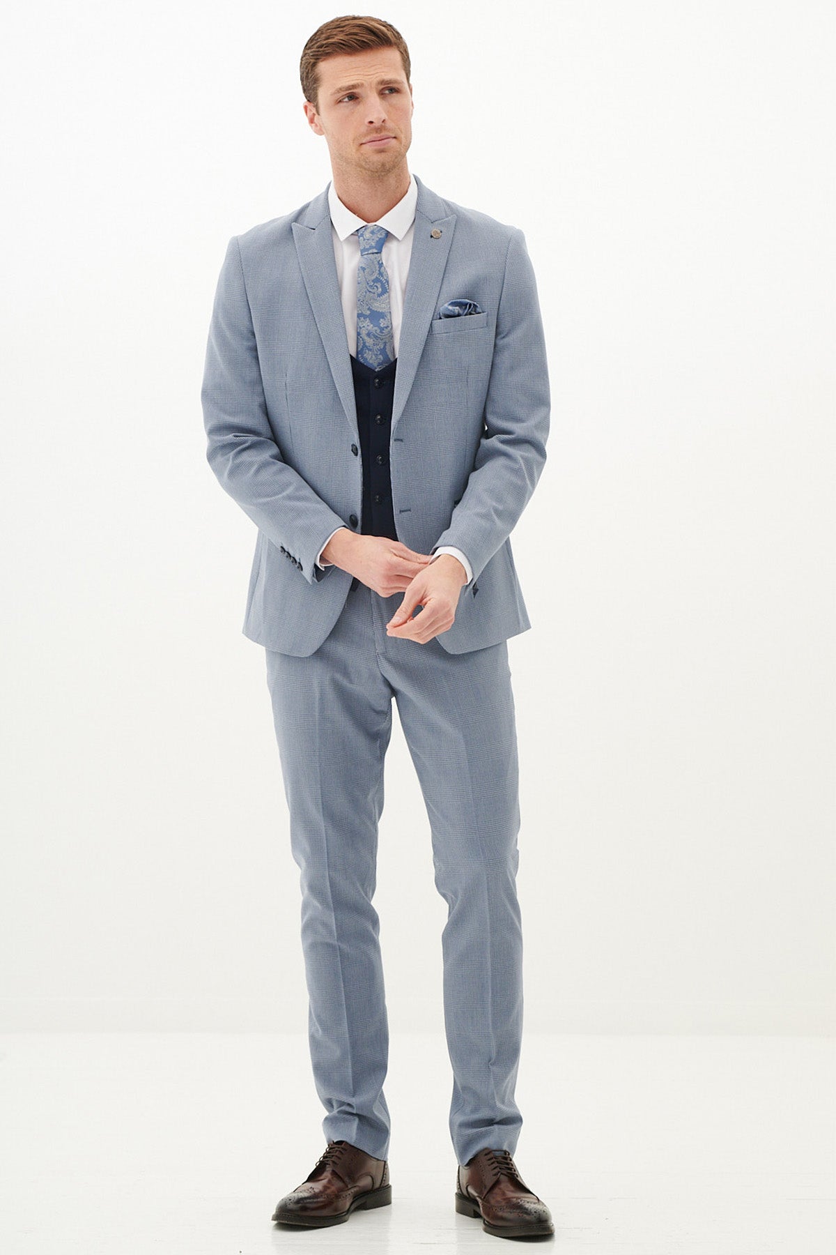 BROMLEY Sky Check Suit with Kelvin Navy Waistcoat - Premium Men's Formal Suit Set for Weddings, Business Meetings & Special Occasions