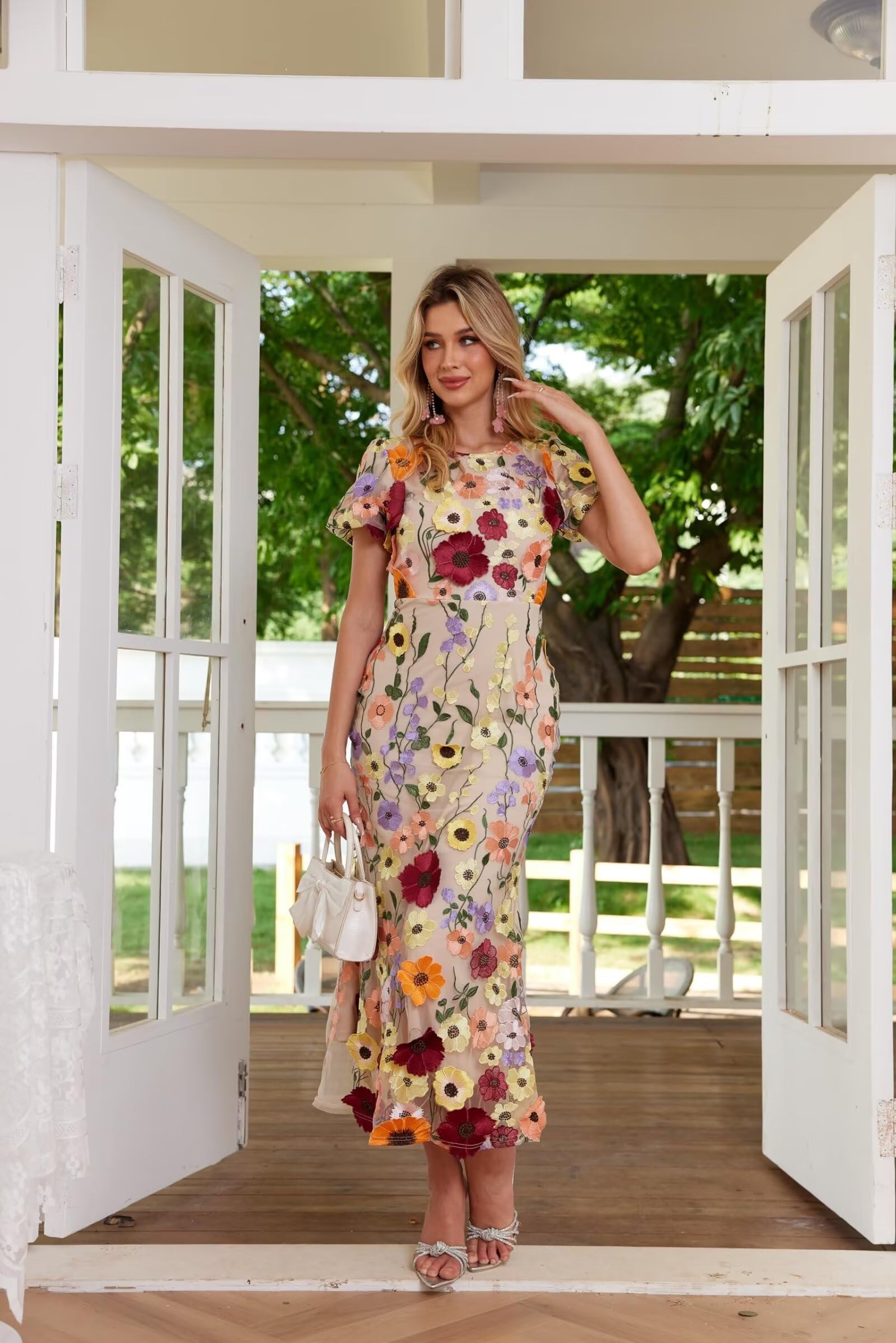 Elegant 3D Floral Embroidery Long Dress with Ruffle Sleeves & Lace Detail - Women's Bodycon Cocktail Dress for Parties, Weddings & Special Occasions