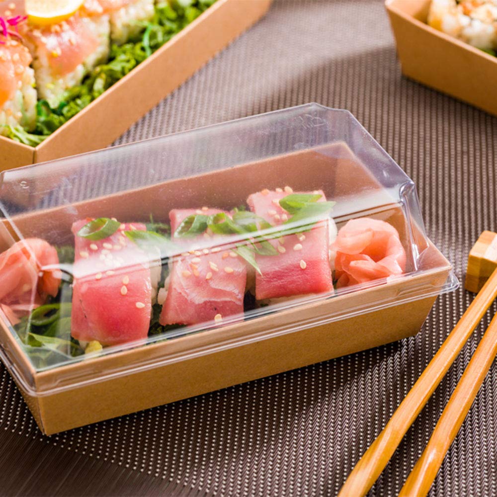 Matsuri Vision 6x3x1.6 Inch Clear Plastic Lids for Small Tetra Containers - 100 Airtight Raised Design Lids (Containers Sold Separately) - Perfect for Sushi Boxes, Meal Prep & Food Storage