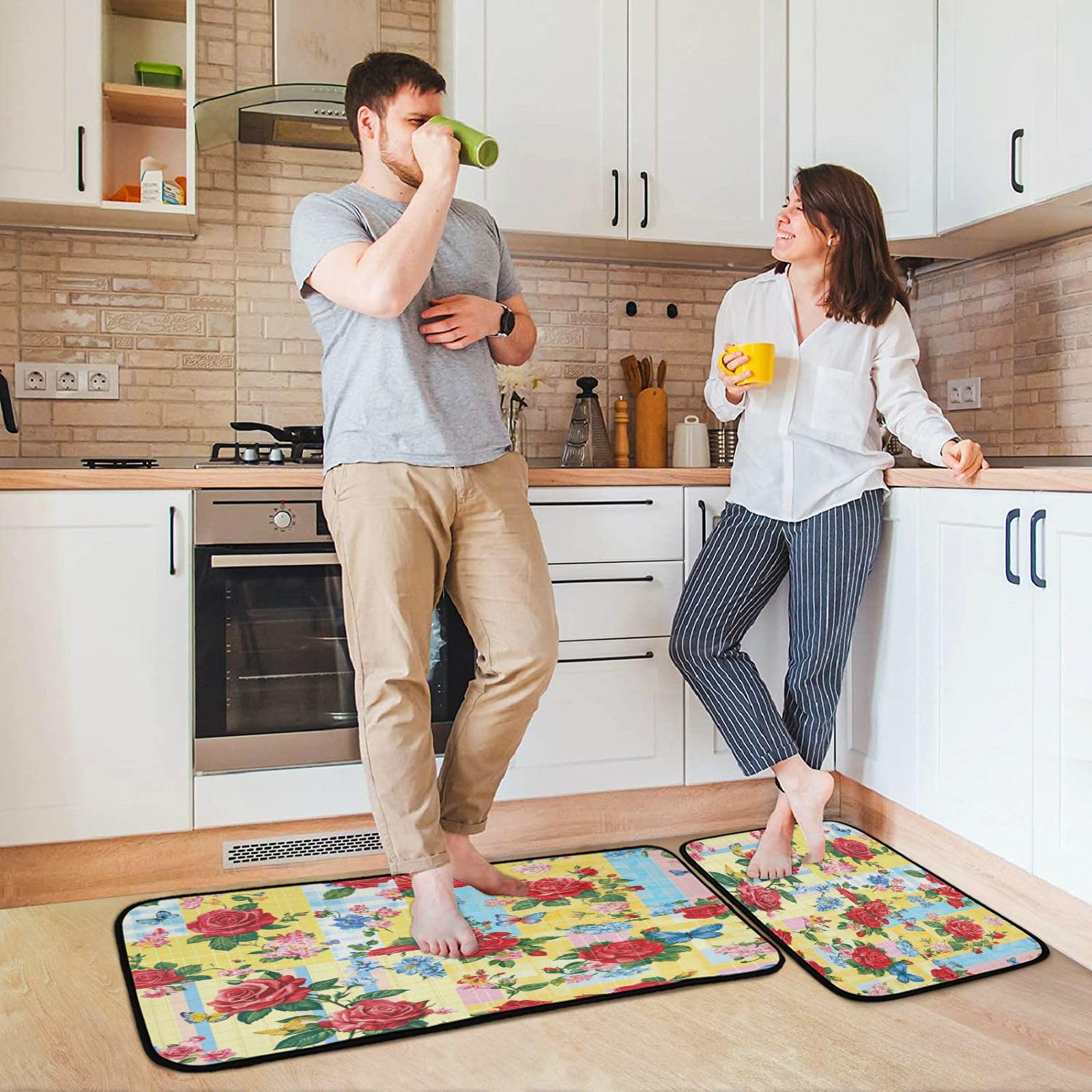 Non-Slip Rose Flower Butterfly Kitchen Rugs - Set of 2 Soft Floor Mats for Kitchen, Laundry Room & Entryway - Waterproof Doormats for Home Decor & Safety