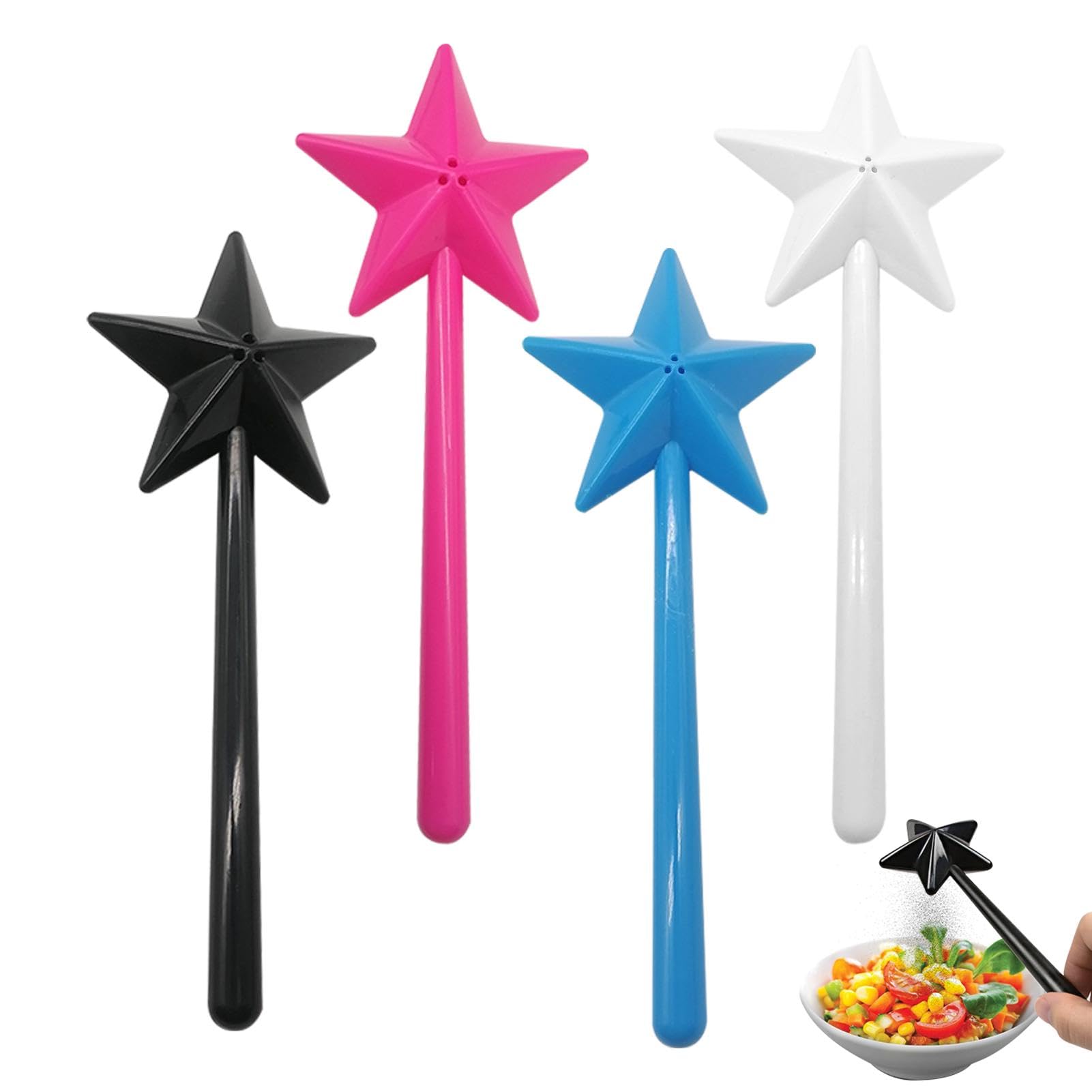4-Piece Star Salt and Pepper Shaker Set - Magic Wand Design with 3-Hole Dispenser - Refillable Kitchen Spice Tools - Perfect for Cooking, Baking & Table Decor (Color as Shown)