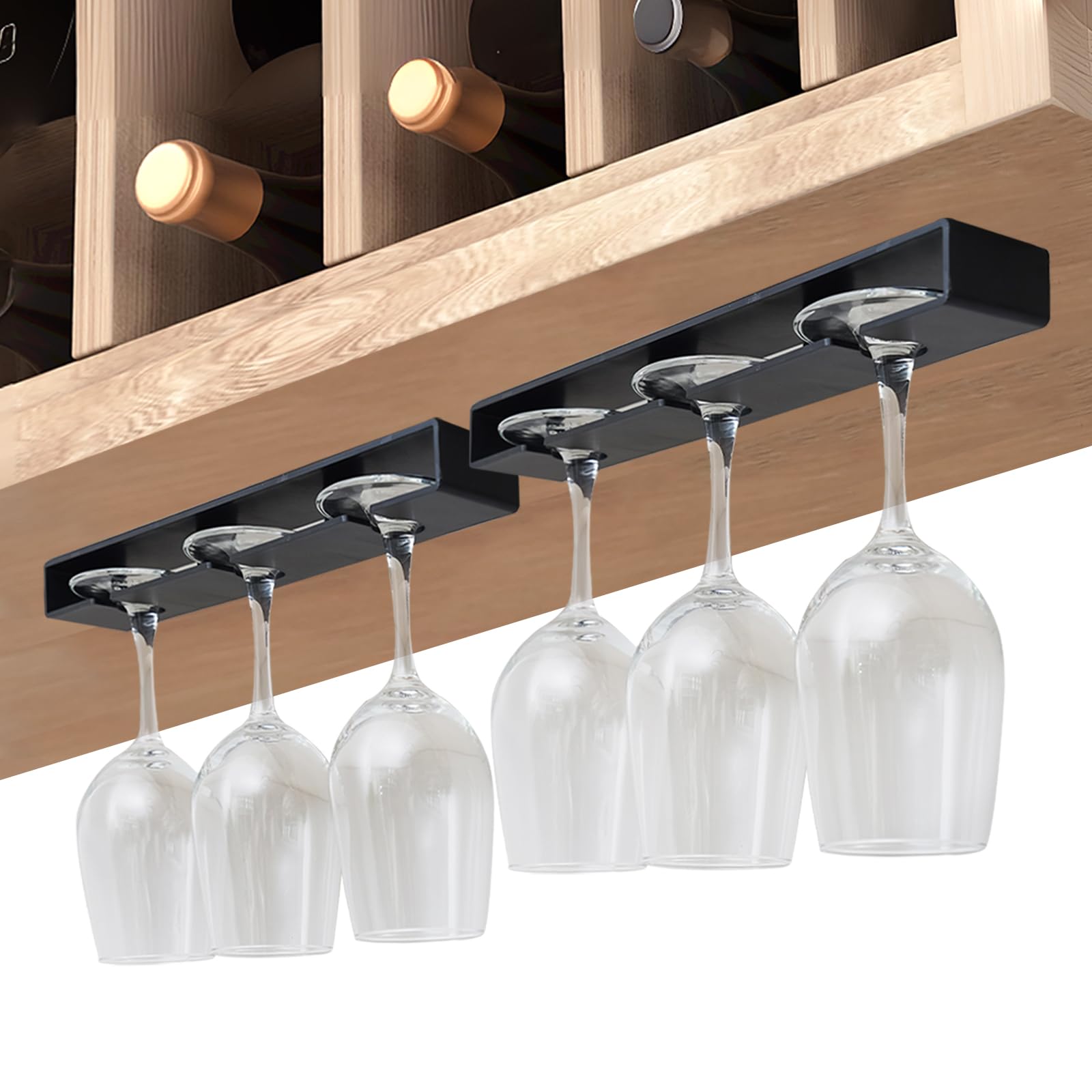 2 Pack No Drill Wine Glass Holder - Hanging Stemware Rack Organizer for Bar, Cabinet & Kitchen (Black) | Perfect for Home Bars, Wine Cellars & Small Space Storage