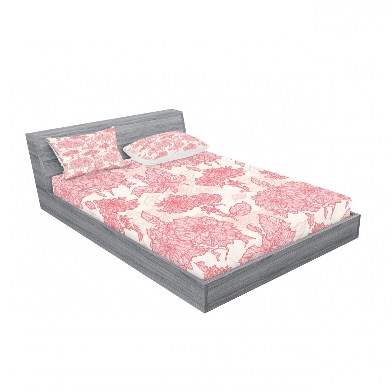 Ambesonne 2-Piece Queen Size Fitted Sheet Set with 4 Pillow Shams - Floral Pink Leaves Design Bedding Collection for Romantic Bedroom Decor | Perfect for Master Bedrooms, Guest Rooms & Vacation Homes