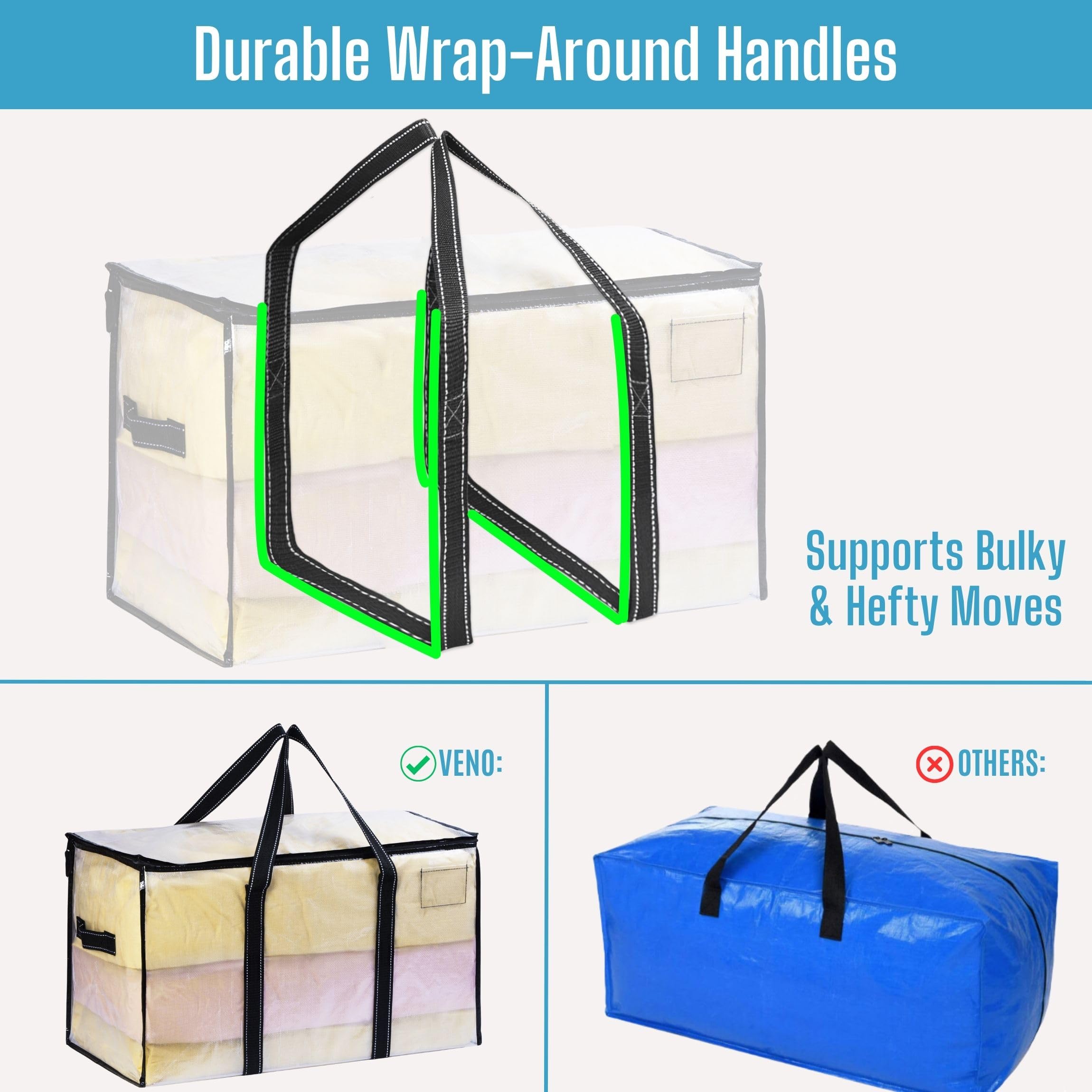 VENO 8 Pack Heavy Duty Moving Bags with Zipper - Large Clear Storage Totes for Clothes, Dorm Room Essentials & Packaging - Alternative to Moving Boxes - Perfect for Home Organization, College Move-In & Travel Packing
