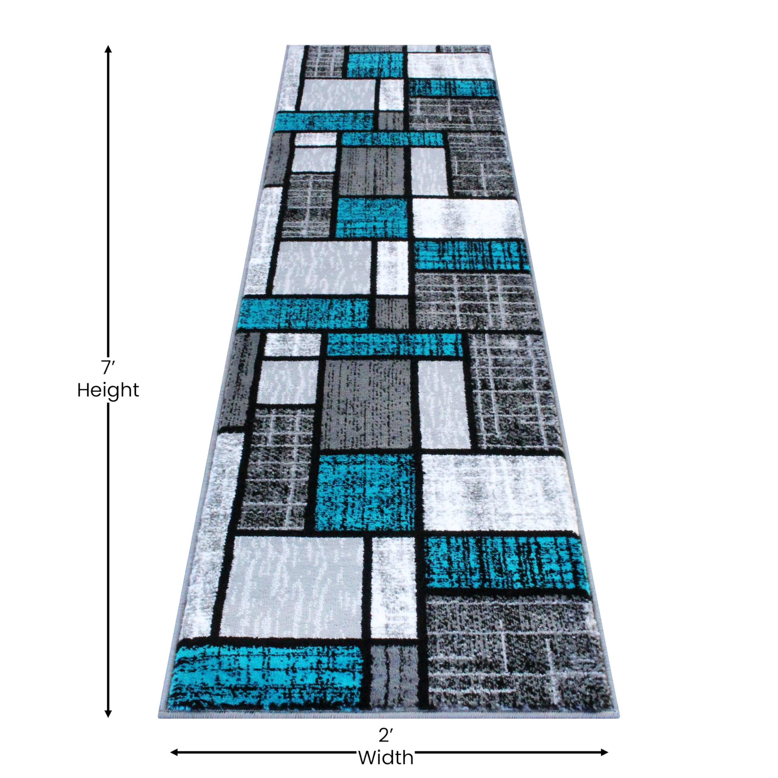 EMMA + OLIVER Modern Geometric Mosaic Accent Rug - 2x7 Feet Turquoise Gray Black White Plush Textured Stain Resistant Jute Backing - Perfect for Living Room, Bedroom or Office Decor