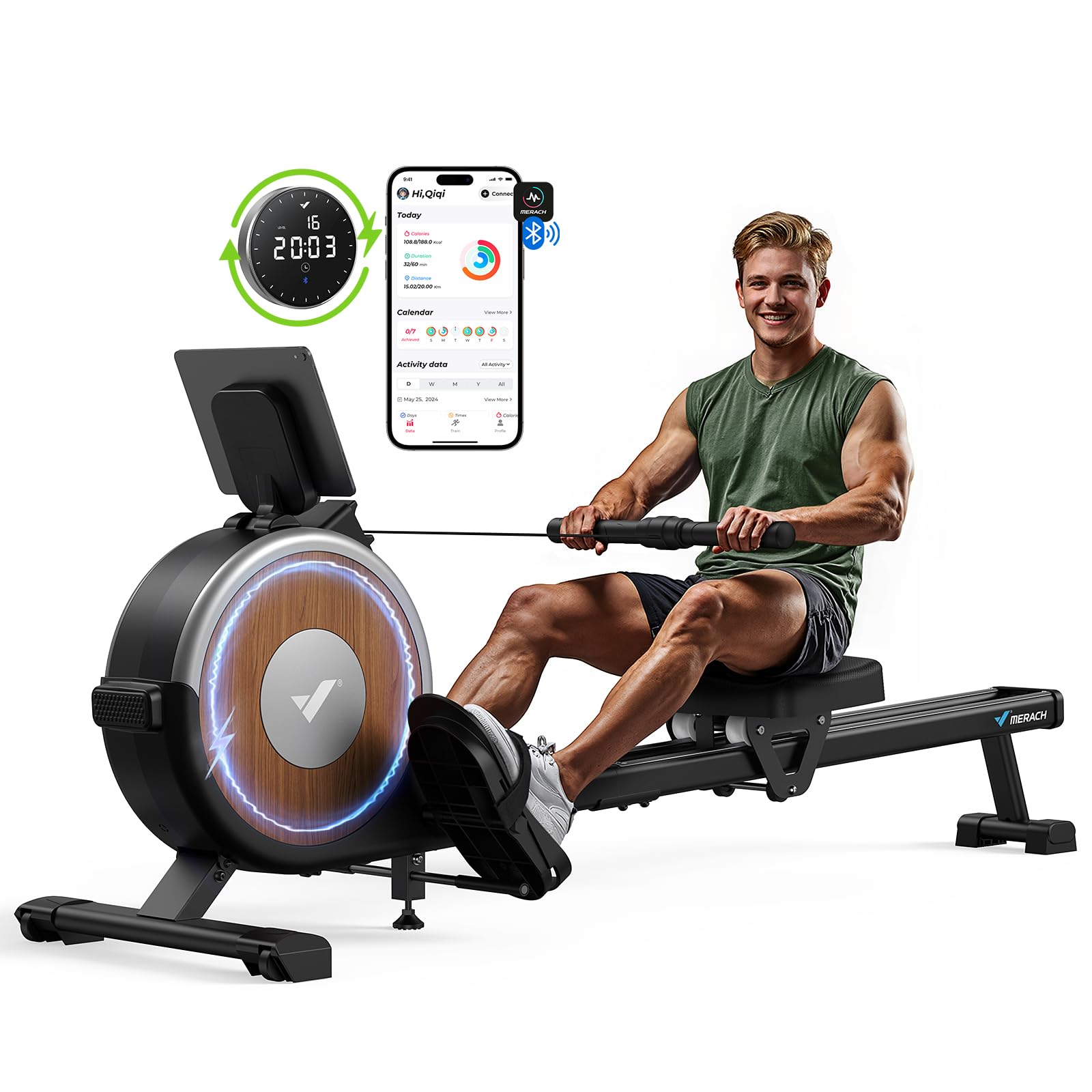 MERACH Magnetic Rowing Machine for Home Workout - 16-Level Quiet Resistance, 350lb Weight Capacity, Dual Slide Rail, App Compatible - Perfect for Full-Body Exercise & Small Space Home Gym