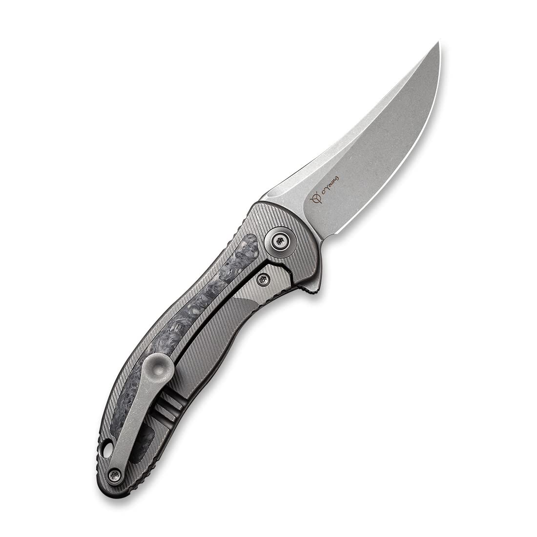 WE Knives Jim O'Young 2011CF-A Gray Titanium Integral Handle Folding Knife with Shredded Carbon Fiber Inlay - EDC, Outdoor Camping & Survival Gear