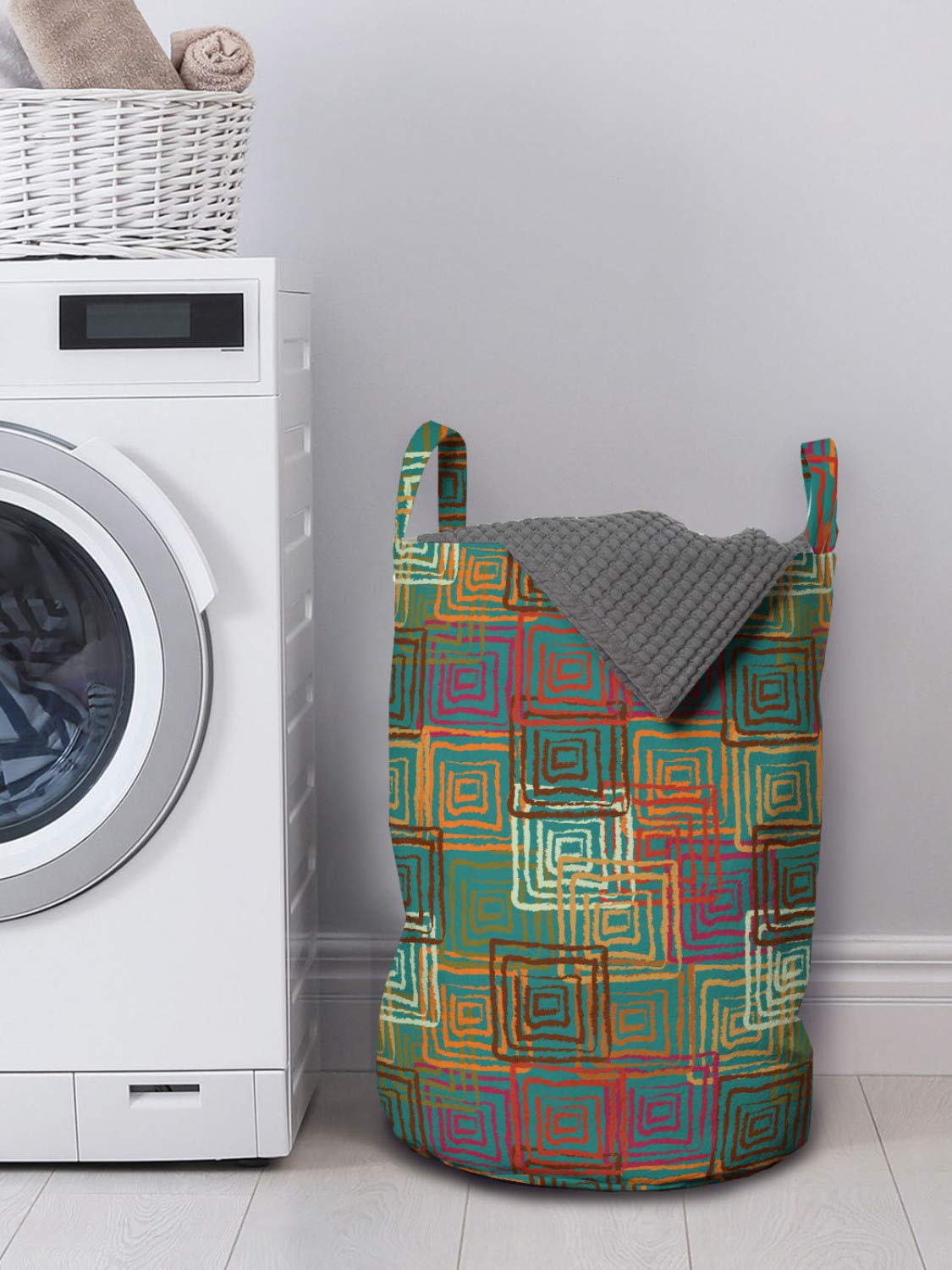 Ambesonne Geometric Laundry Bag with Abstract Grunge Pattern & Folk Rainbow Squares - 13