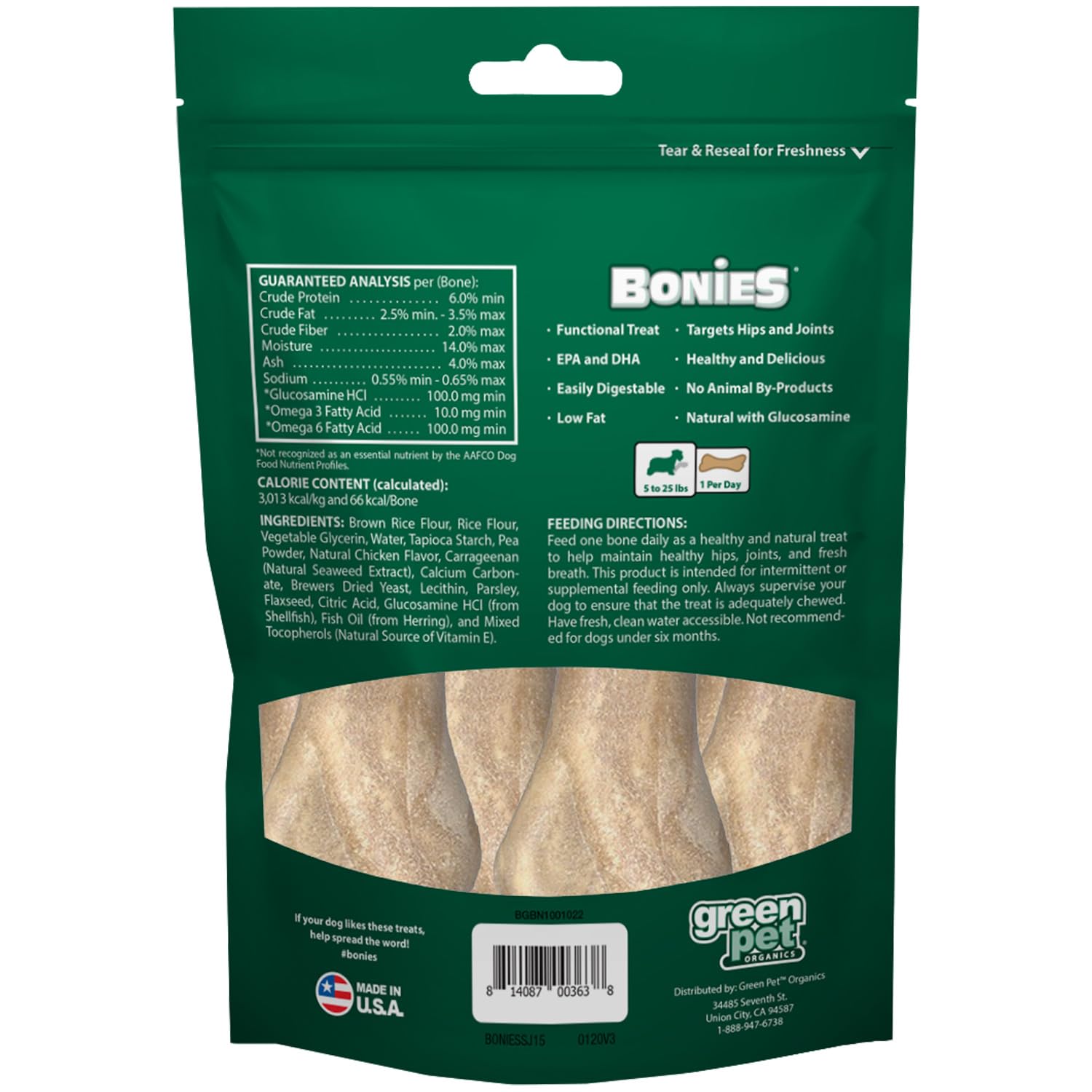 Bonies Natural Hip & Joint Supplement for Small Dogs - Glucosamine & Omega Fatty Acids Chews - Chicken Flavor Dental Treats for Fresh Breath & Clean Teeth - Low Calorie Dog Bones (90 Count) - Perfect for Senior Dogs & Joint Care