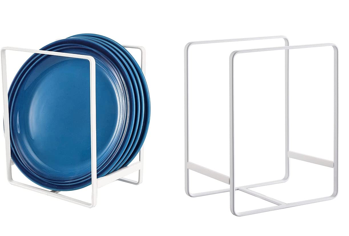 NAOE White Metal Kitchen Organizer - Plate Rack, Cutting Board Holder, Bakeware & Pot Pan Storage, Cooling Rack, Serving Tray & Reusable Container Organizer - Perfect for Pantry, Cabinet & Countertop Organization