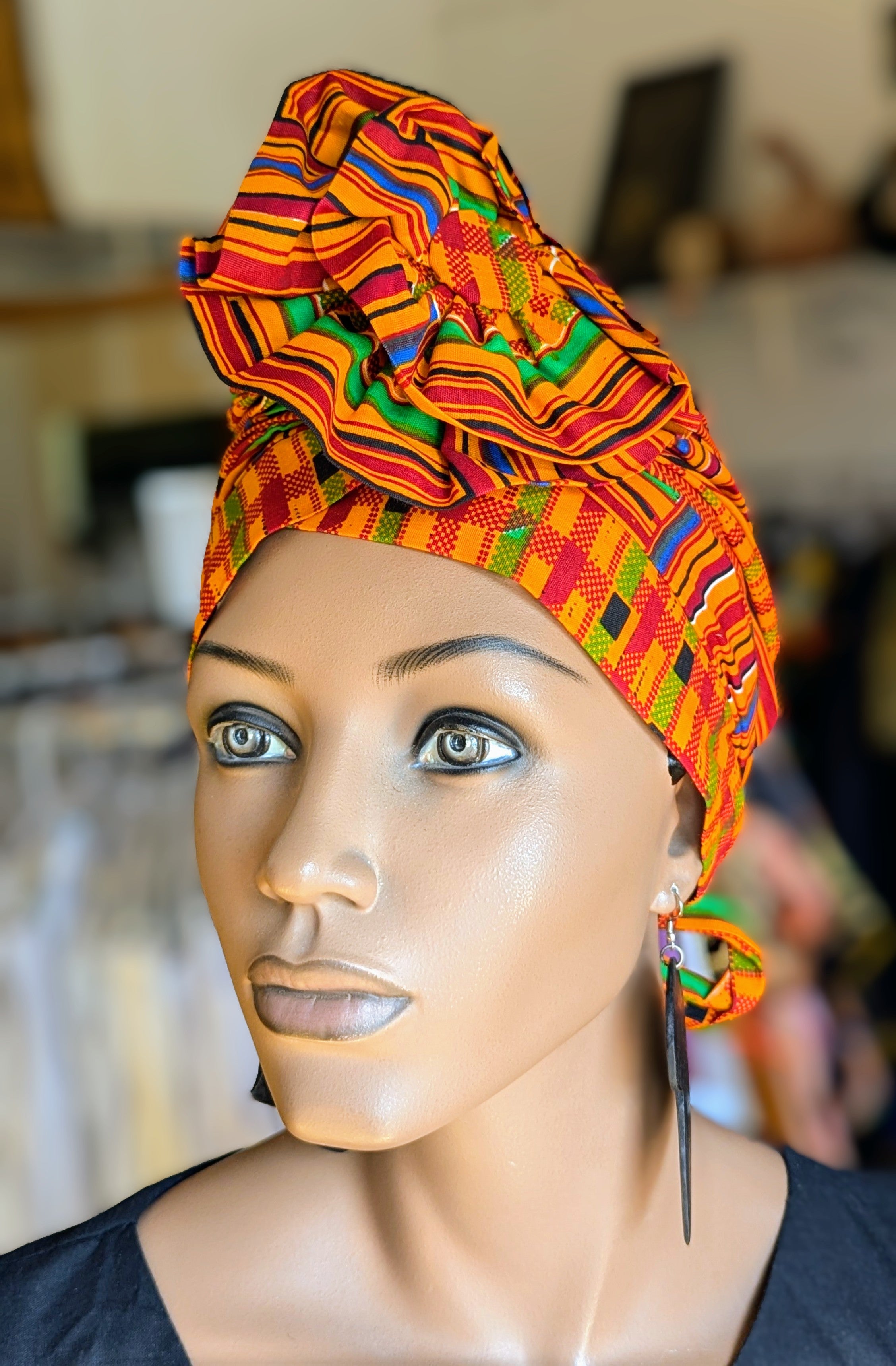 Dupsie's Adisa Multicolored Kente African Print Pre-Tied Head Wrap DP3227PT9 - Stylish Hair Accessory for Women, Perfect for Church, Weddings and Special Occasions