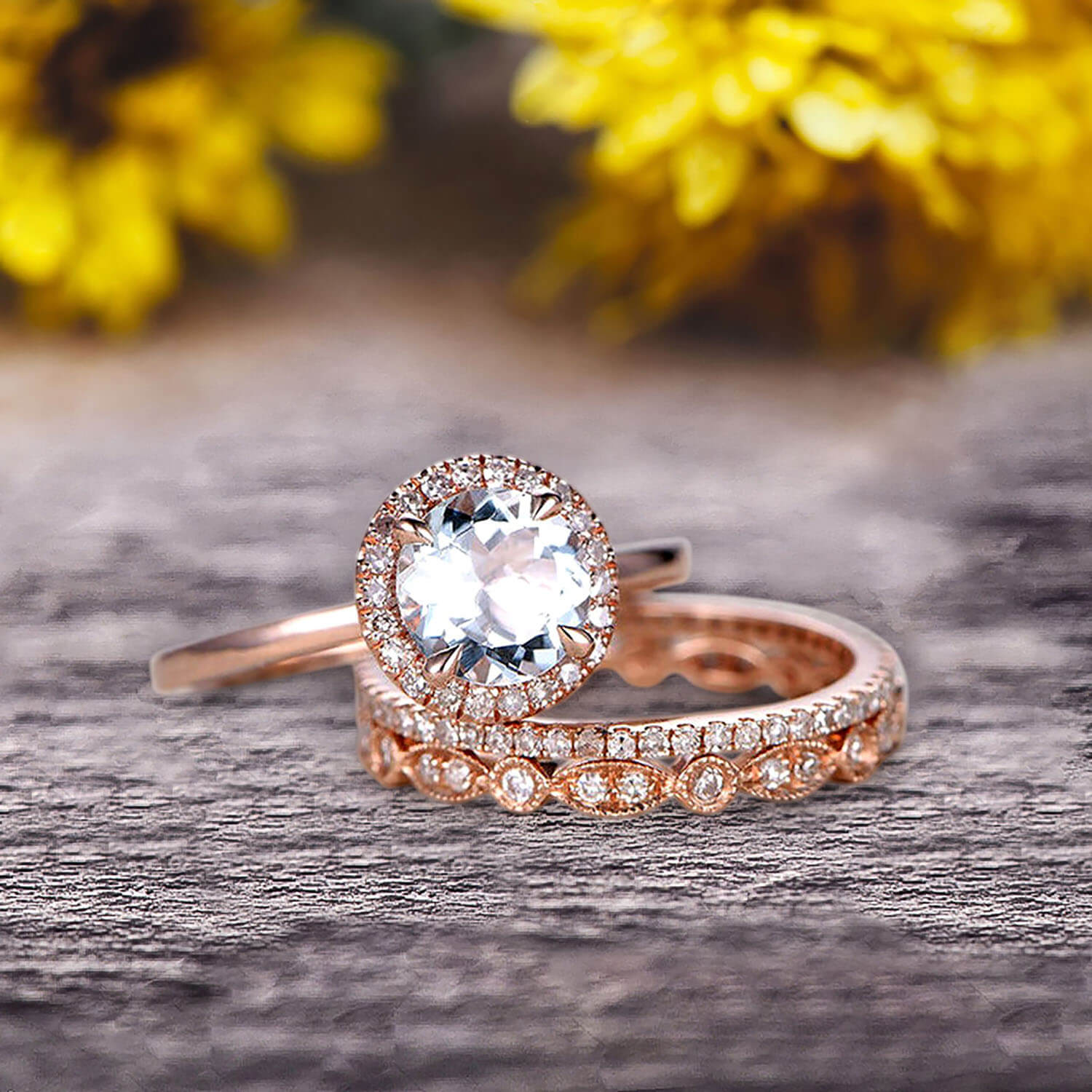 10K Rose Gold 1.75 Carat Round Cut Aquamarine Engagement Ring Set with Matching Wedding Bands & Moissanite Halo - Art Deco Style for Bridal Jewelry & Anniversary Gifts