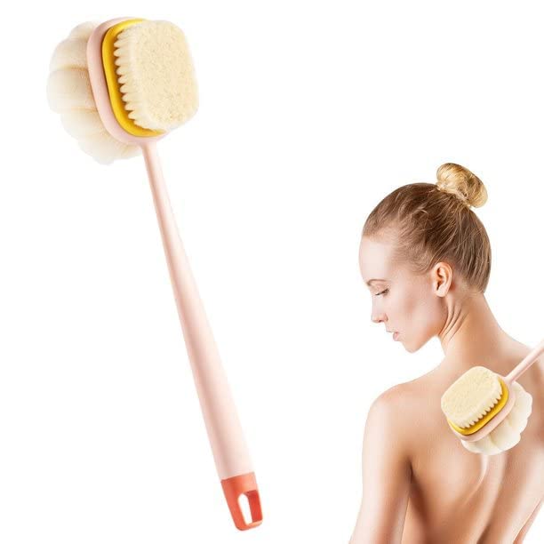 Emcrovi Wooden Double-sided Bath Brush with Massager & Long Handle - Exfoliating Body Brush for Dry Brushing & Skin Care | Natural Bristles | Multi Color | Perfect for Shower, Spa & Lymphatic Drainage Massage