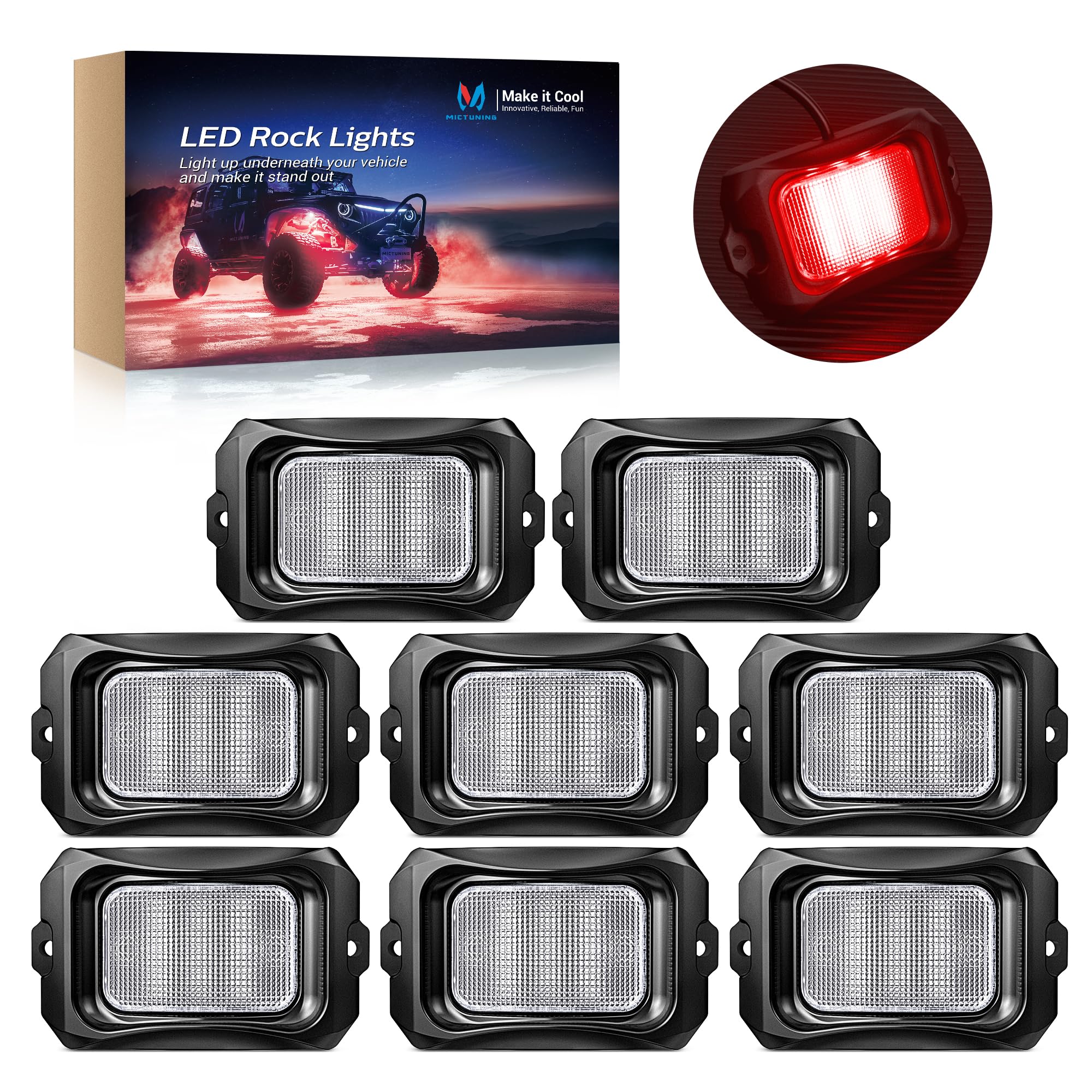 MICTUNING C2 Curved Red LED Rock Lights - 8 Pods Underglow Kit for Cars, Trucks, Offroad Vehicles, ATV, UTV & Boats | Waterproof Off-Road Lighting for Night Driving, Car Shows & Underbody Decoration
