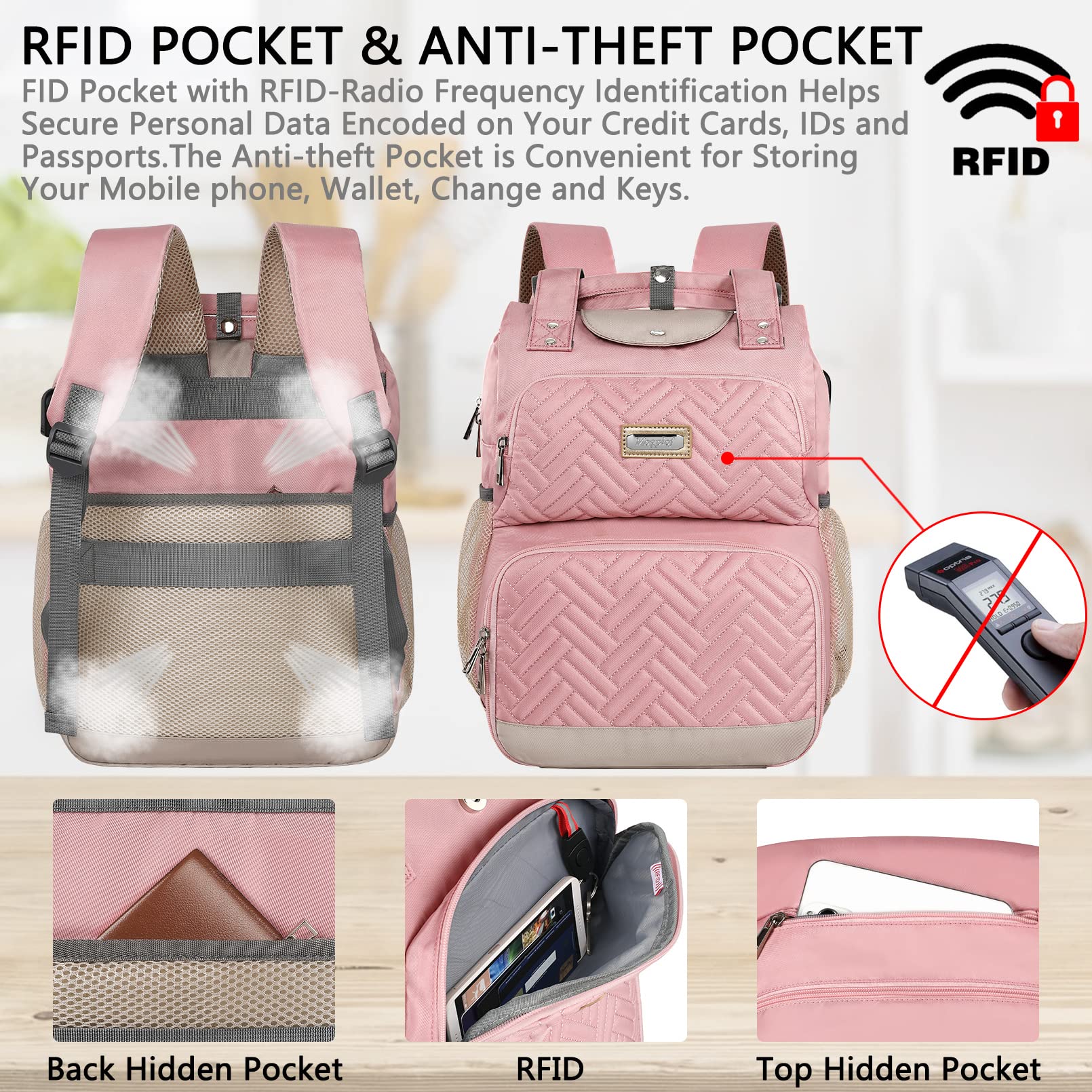 Insulated Cooler Backpack for Women - Waterproof Lunch Bag with RFID Pocket & USB Charging Port, Fits 15.6 Inch Laptop - Perfect for Nurses, College Students, Work Commute & Travel (Pink)