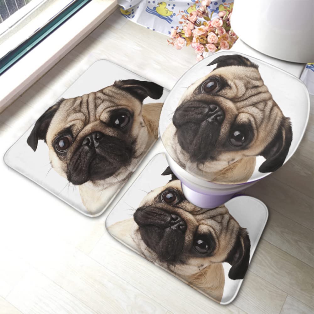 Zaueky Pug 3-Piece Bathroom Rug Set - Non-Slip Rubber Backing, U-Shaped Contour Rug & Toilet Lid Cover - Cute Dog Design for Bathroom Decor - Perfect for Pet Lovers' Home, Guest Bathroom & Kids' Bathroom