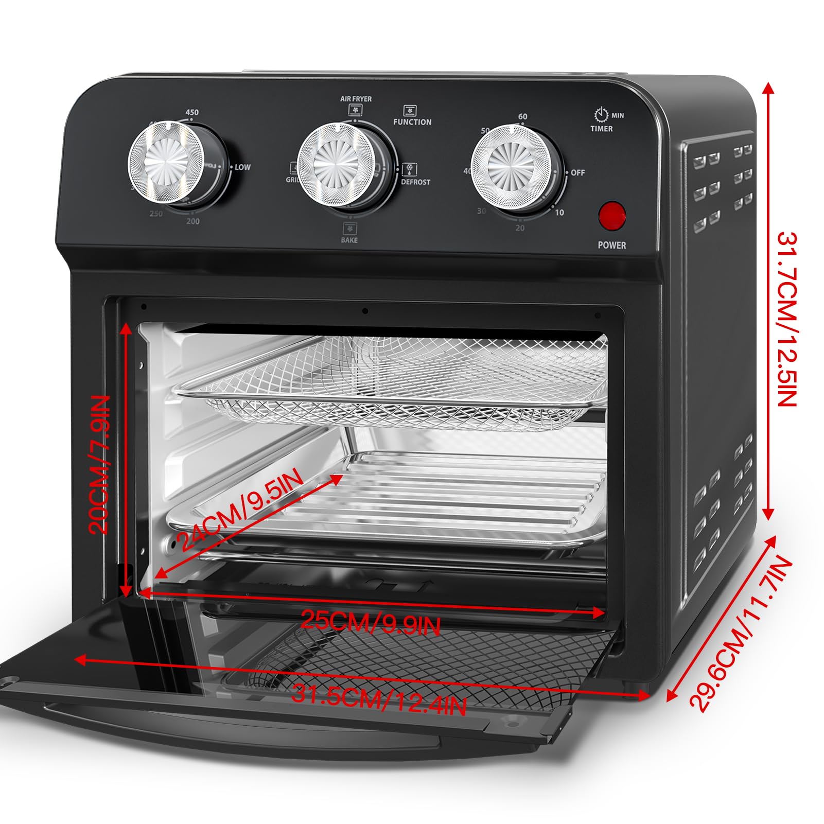 PlumChef 13 Quart 4-Slice Air Fryer Toaster Oven - 1500W 7-in-1 Multifunction Countertop Appliance for Roasting, Baking, Grilling, Broiling, Toasting, Dehydrating & Defrosting (Dark Black) - Perfect for Small Kitchens, Dorms & Quick Healthy Meals