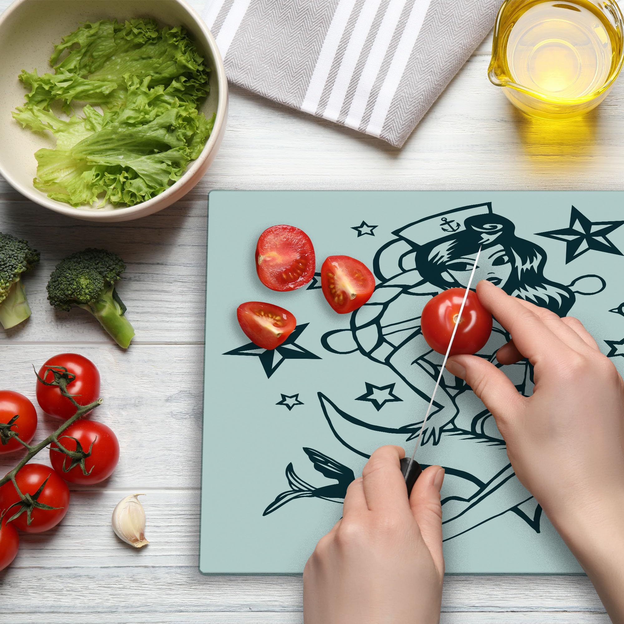 Ambesonne Anchor Themed Tempered Glass Cutting Board - Pin-up Girl Nautical Design with Swallow Birds & Stars - Large Decorative Serving Board for Kitchen & Dining - Teal & White Hand-Painted Artwork - Perfect for Entertaining, Cooking Prep & Home Decor