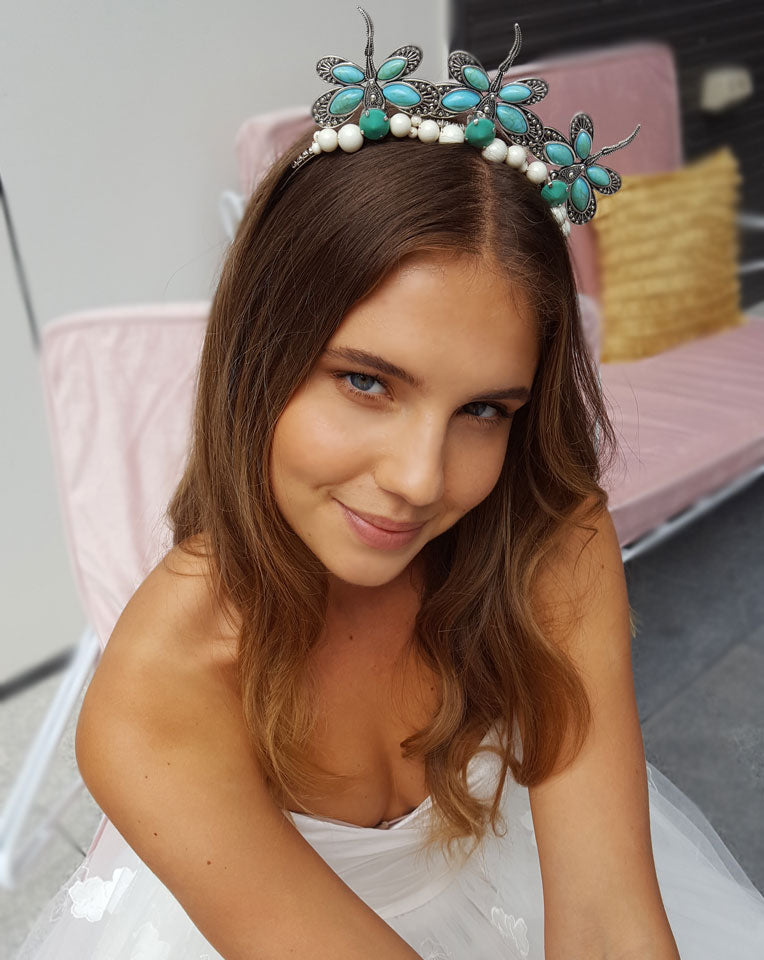Race Day Fascinator Headband - Boho Crown in Turquoise & Ivory - Bohemian Hair Accessory by Kezani | Perfect for Weddings, Derby Events & Festival Outfits