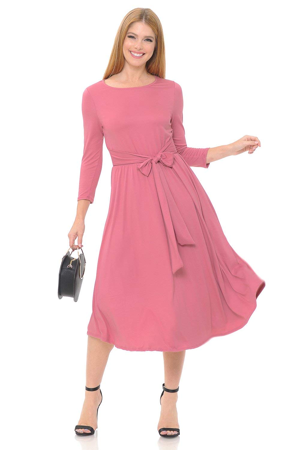 Iconic Luxe Women's A-Line Midi Dress with Waist Tie - Elegant Flowy Summer Dress for Brunch, Weddings & Date Nights