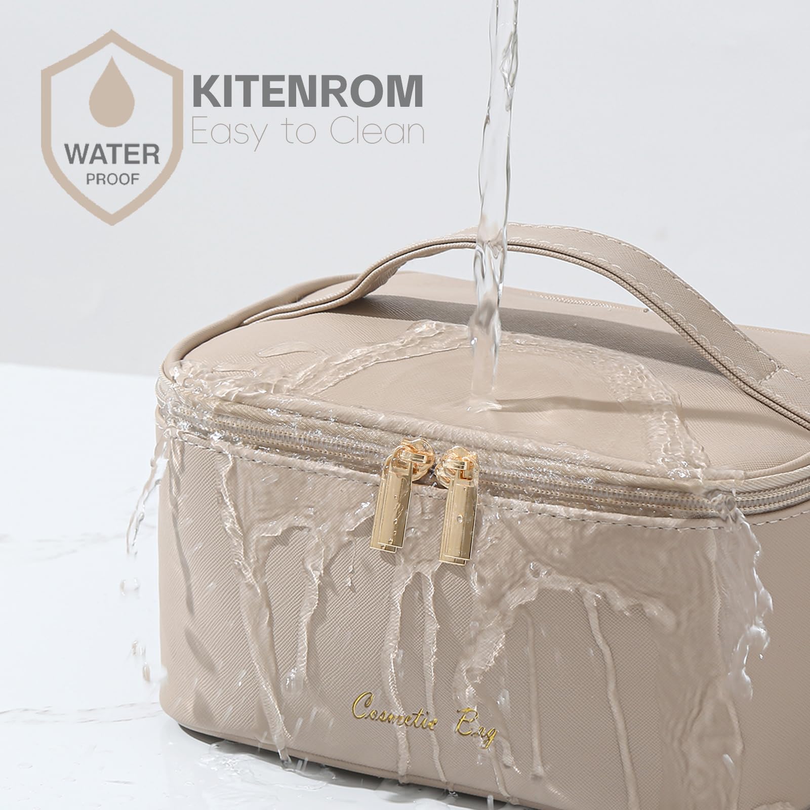 KITENROM Small Preppy Makeup Bag for Women - Cute Khaki Cosmetic Pouch & Travel Toiletry Organizer | Perfect for Daily Essentials, Gym, Travel & Gift Giving