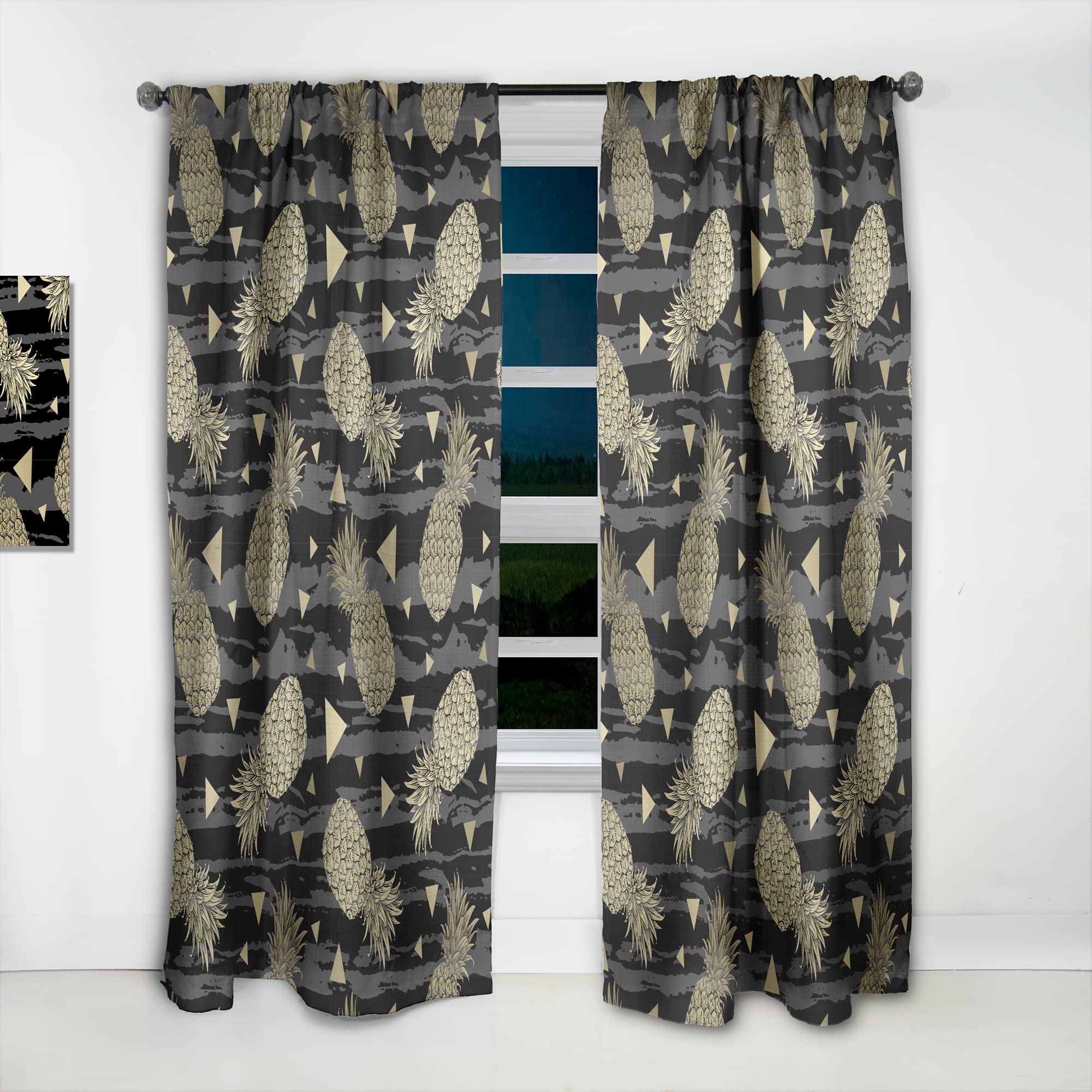 DesignQ Thermal Insulated Black & Gold Pineapple Print Curtains - 52x120 Inch Single Panel for Bedroom & Living Room - Elegant Home Decor for Tropical & Modern Interior Design