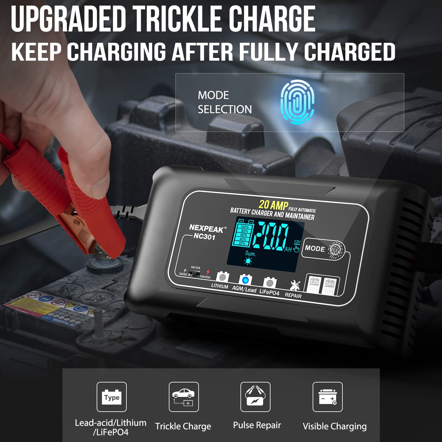 NEXPEAK NC301 20-Amp Smart Car Battery Charger - 12V/24V Automatic LiFePO4 Charger with Temperature Compensation - Ideal for Cars, Trucks, Boats, RVs - Maintains Lead Acid & Lithium Batteries - Perfect for Winter Storage & Long-Term Vehicle Maintenance