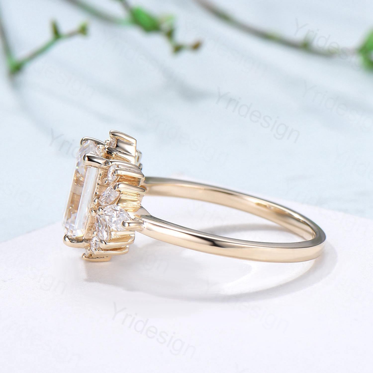 Custom Halo Emerald Cut Moissanite Engagement Ring 14K Yellow Gold - Cluster Marquise Moissanite Wedding Band - Unique Anniversary & Promise Gift for Her - Perfect for Proposals, Weddings & Romantic Occasions