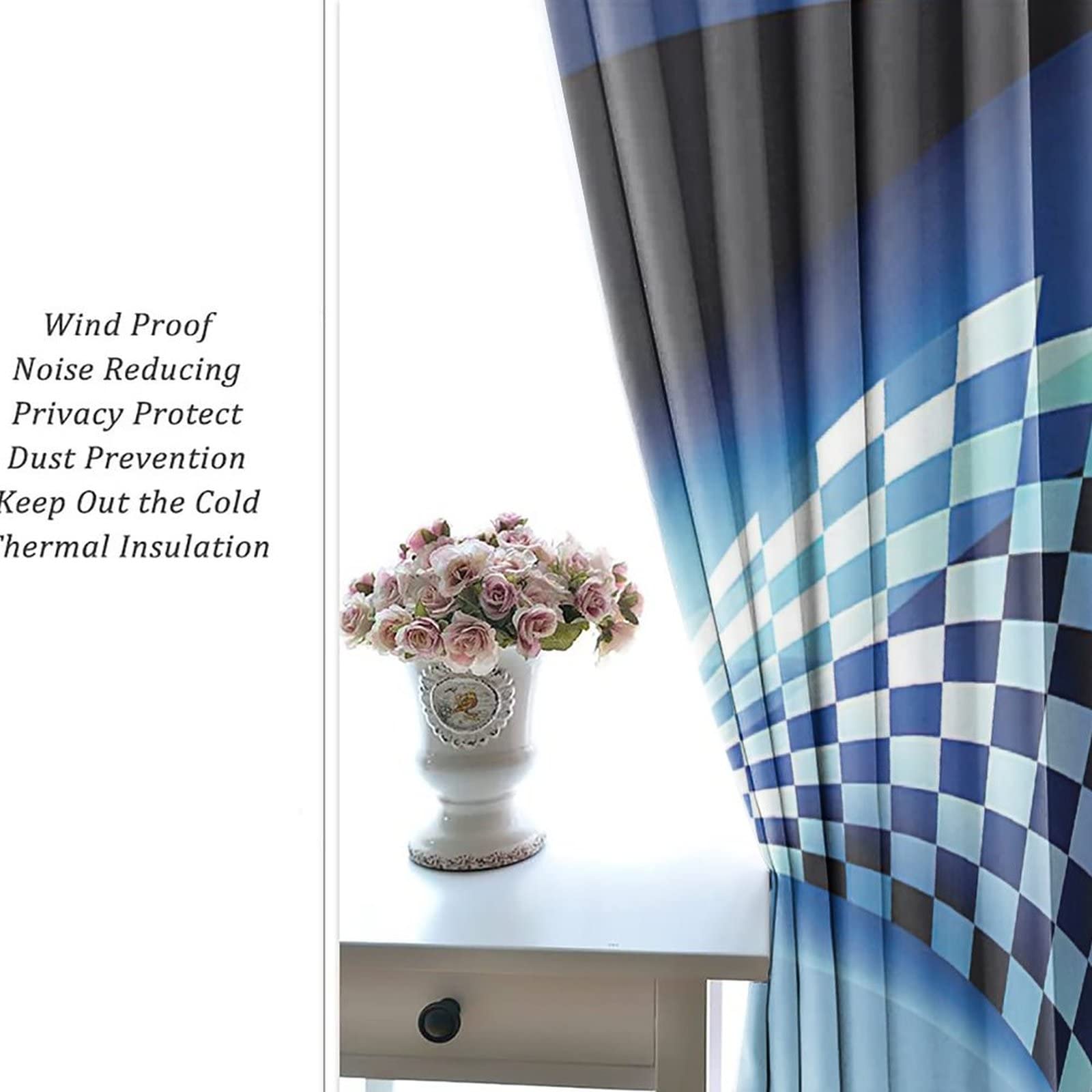 Race Car Flag Blackout Curtains - Thermal Insulated Noise Reducing Light Blocking Drapes, Abstract Blue Black White Checkered Design, 84