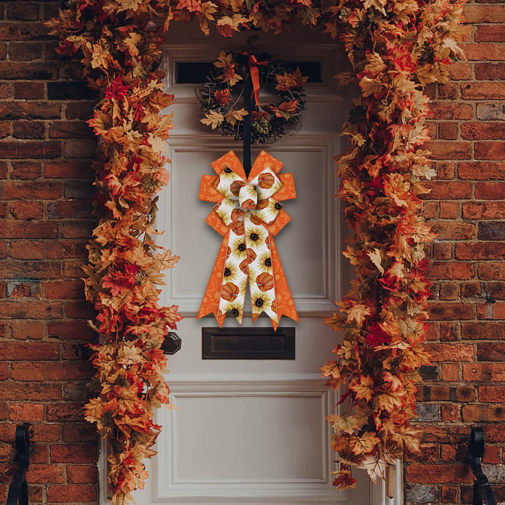 Large Fall Wreath Bows - Thanksgiving Decorations with Orange Pumpkin & Sunflowers - Burlap Ribbon Bows for Wreaths, Tree Toppers, Indoor & Outdoor Home Decor - Perfect for Autumn, Halloween, and Thanksgiving Festivities