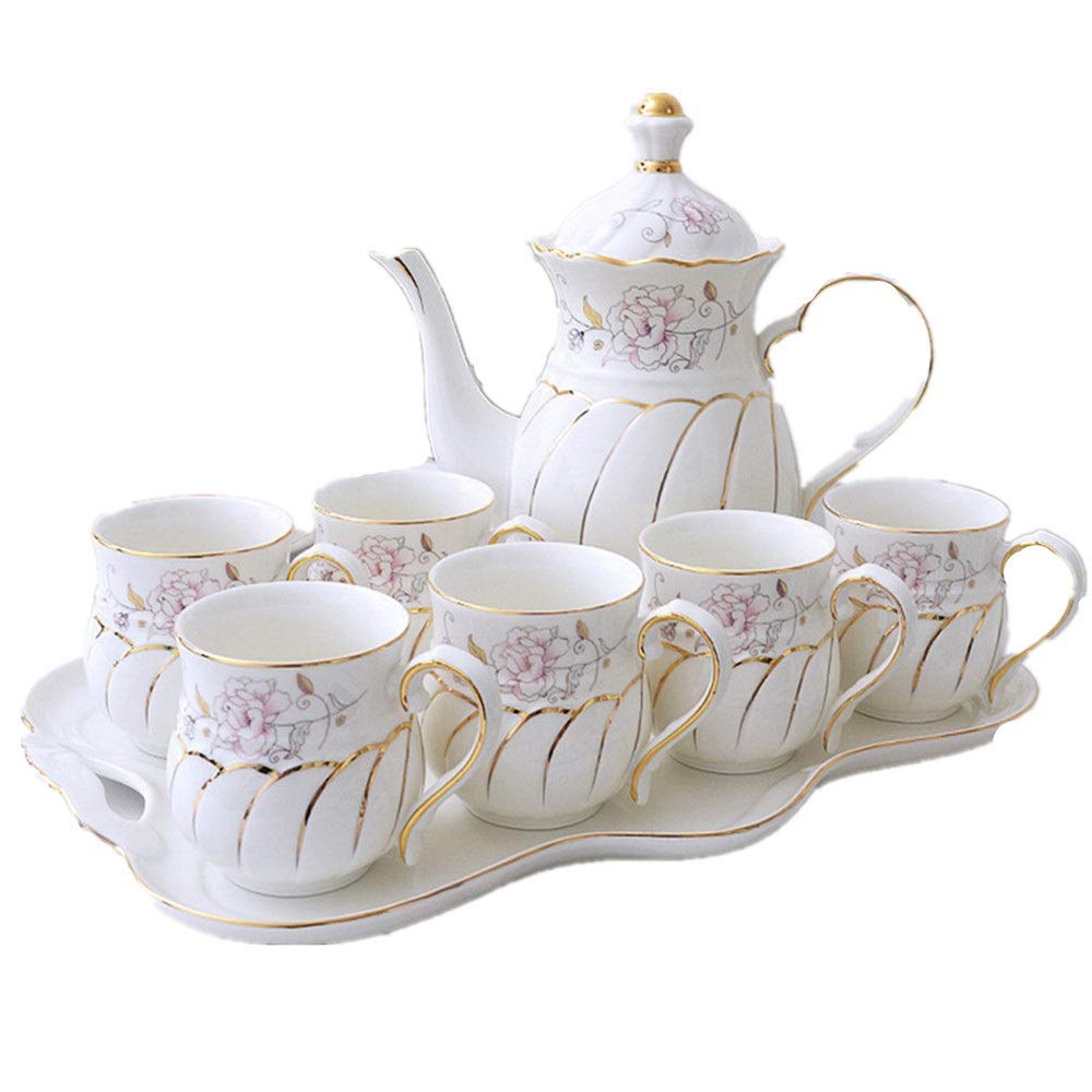 Premium Gold Trim Porcelain Tea & Coffee Cup Set - 6 Cups with Elegant Tray (8-Piece) for Afternoon Tea, Home Entertaining & Office Use