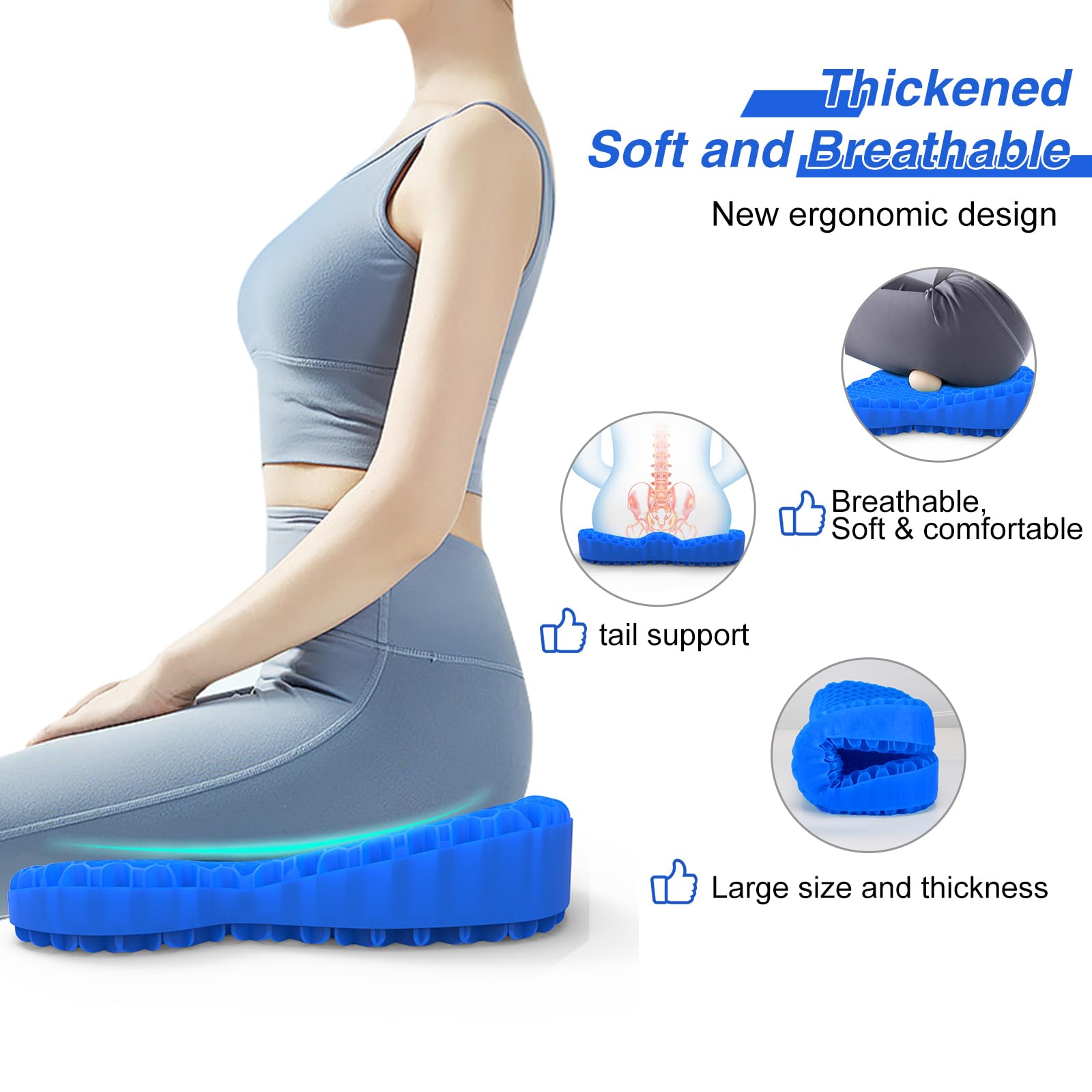 Gel Seat Cushion for Office Chair & Wheelchair - Thickened Orthopedic Support for Back Pain, Sciatica & Tailbone Relief - Comfortable Car, Kayak & Travel Seat Pad for Long Sitting - Perfect for Work, Driving & Outdoor Activities
