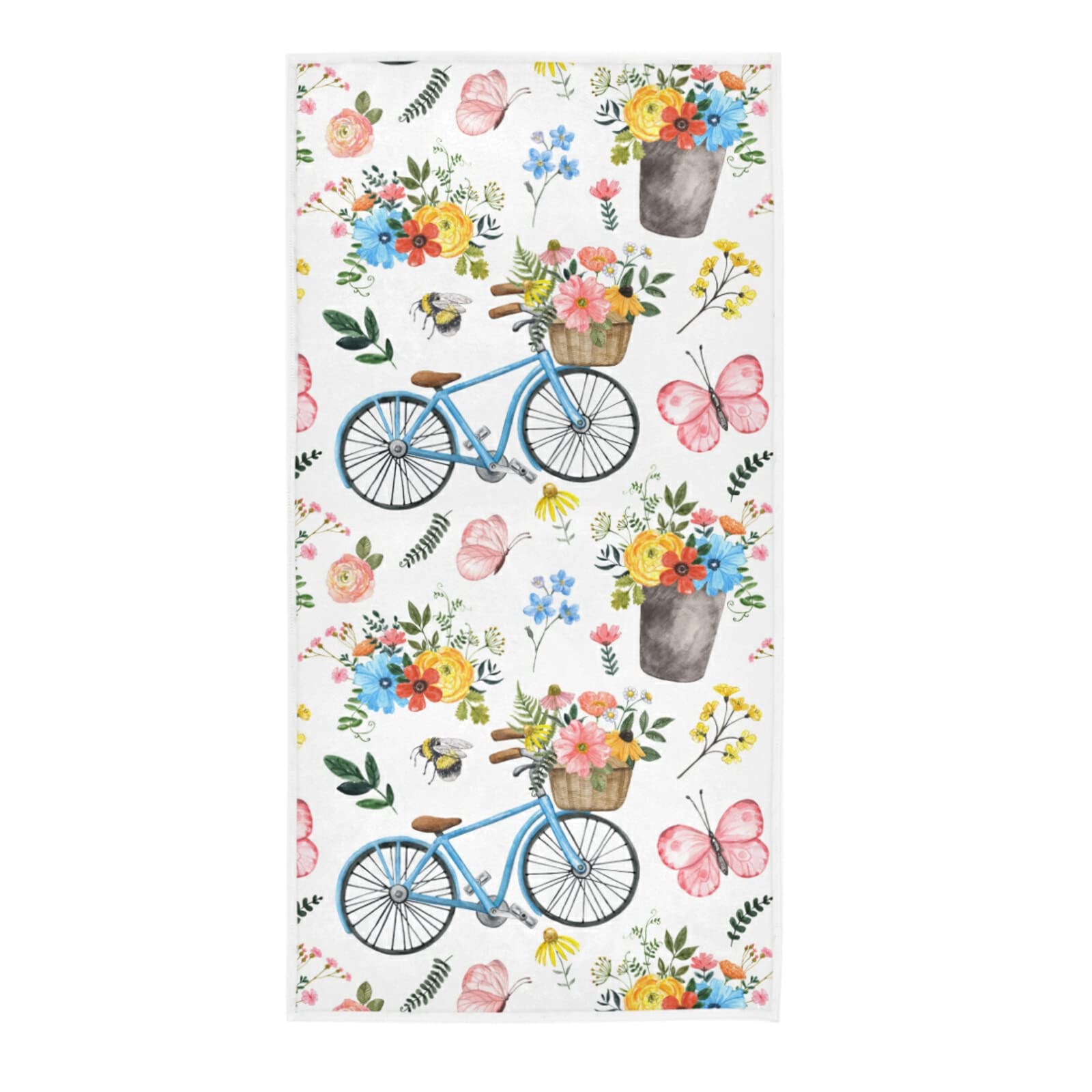 Exnundod Watercolor Flowers Blue Bicycle Hand Bath Towel - Soft & Highly Absorbent Pink Butterflies Spring Fingertip Towel for Bathroom, Kitchen, Guest Use | Perfect as Home Decorative Gift & Washcloth