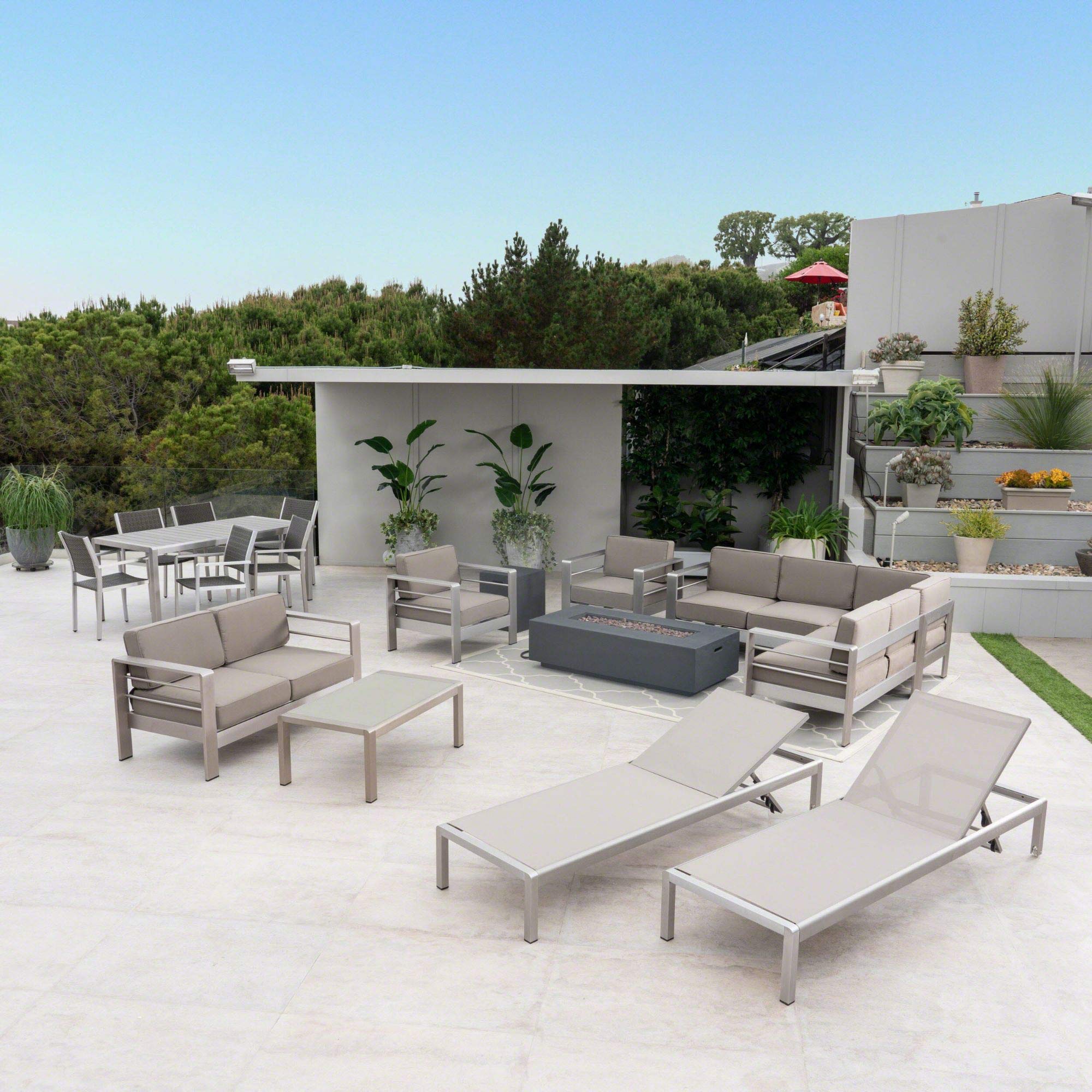 18-Piece Dark Gray & Silver Aluminum Outdoor Patio Furniture Set with Khaki Cushions - Modern Conversation Seating for Garden, Poolside & Backyard Relaxation