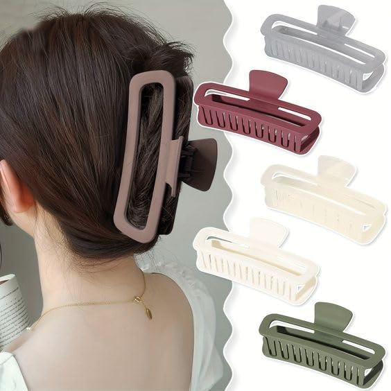 BAKEFY - 2 Pack 5 Inch Unbreakable Large Hair Claw Clips for Women, Square Rectangle Hair Clamps for Thick Curly Long Hair - Perfect for Updos, Ponytails and Everyday Hairstyles