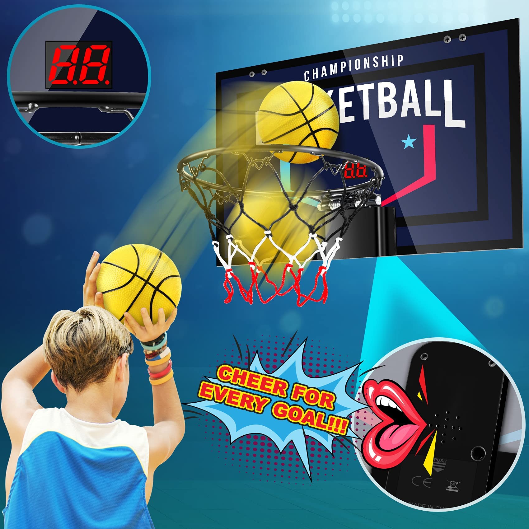 Indoor Basketball Hoop for Kids, Teens & Adults - Mini Basketball Set with Electronic Scoreboard, 3 Balls & Batteries - Perfect for Bedroom, Playroom & Office - Fun Sports Gift for Boys & Girls Ages 8-12