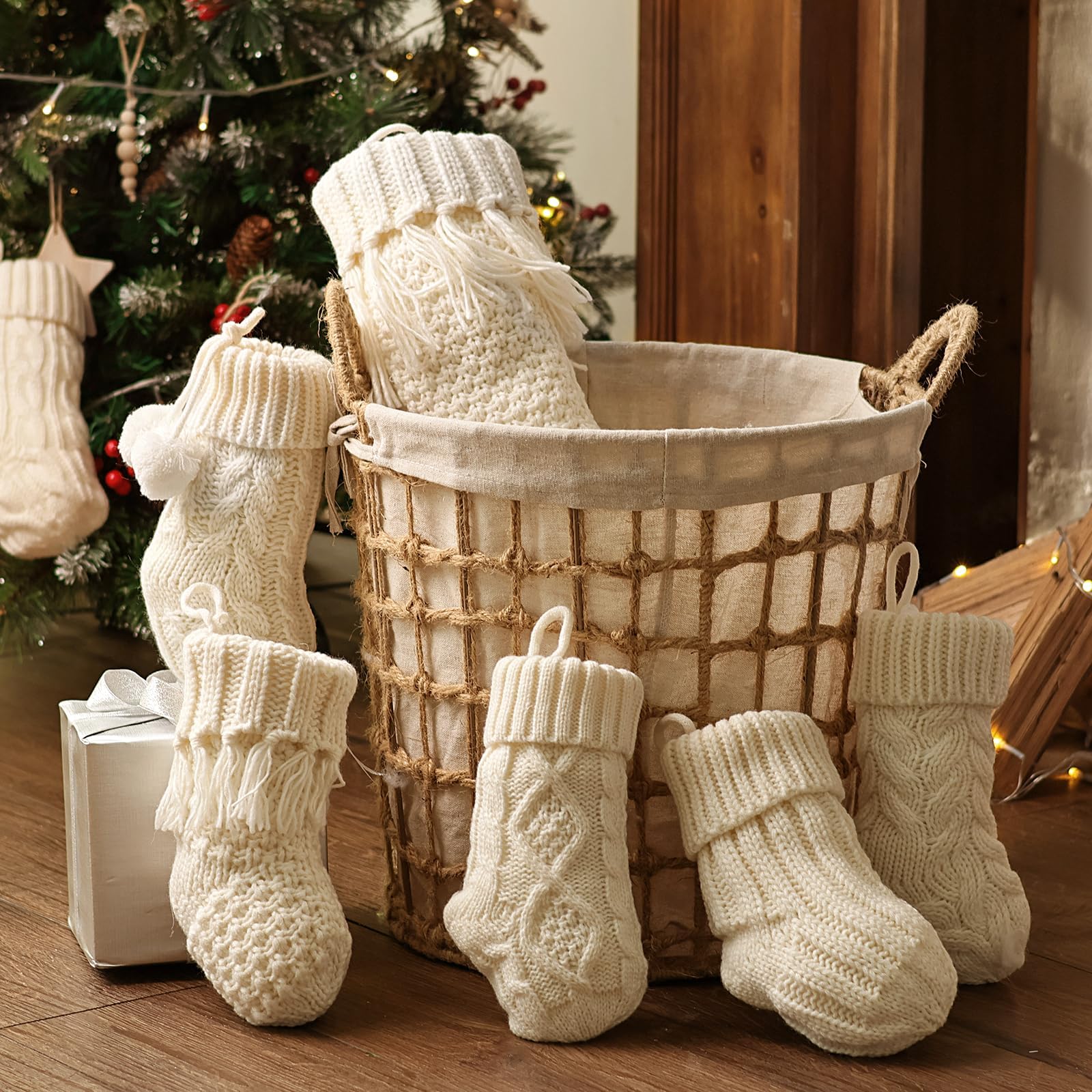 6 Pack Mini Knitted Christmas Stockings - 9 Inch Beige Cable Knit Fireplace Stockings for Holiday Decor | Rustic Boho Style Handmade Xmas Stocking Decorations | Perfect for Family Christmas, Fireplace Mantel & Cozy Home Décor (Cream White)