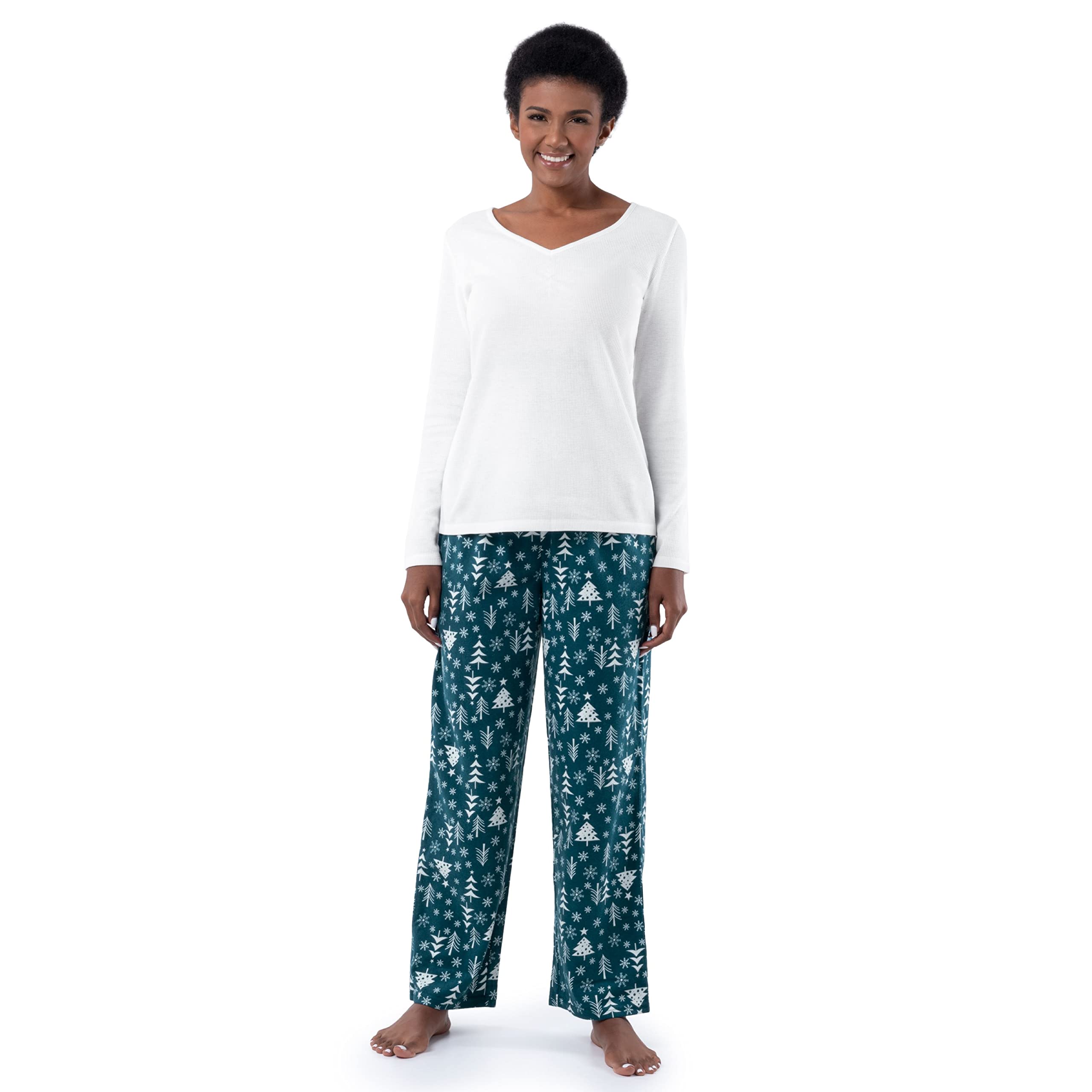 Fruit of the Loom Women's Waffle Knit V-Neck Sleep Shirt & Flannel Pajama Pants Set - Cozy Loungewear for Relaxing at Home or Sleepwear for Women
