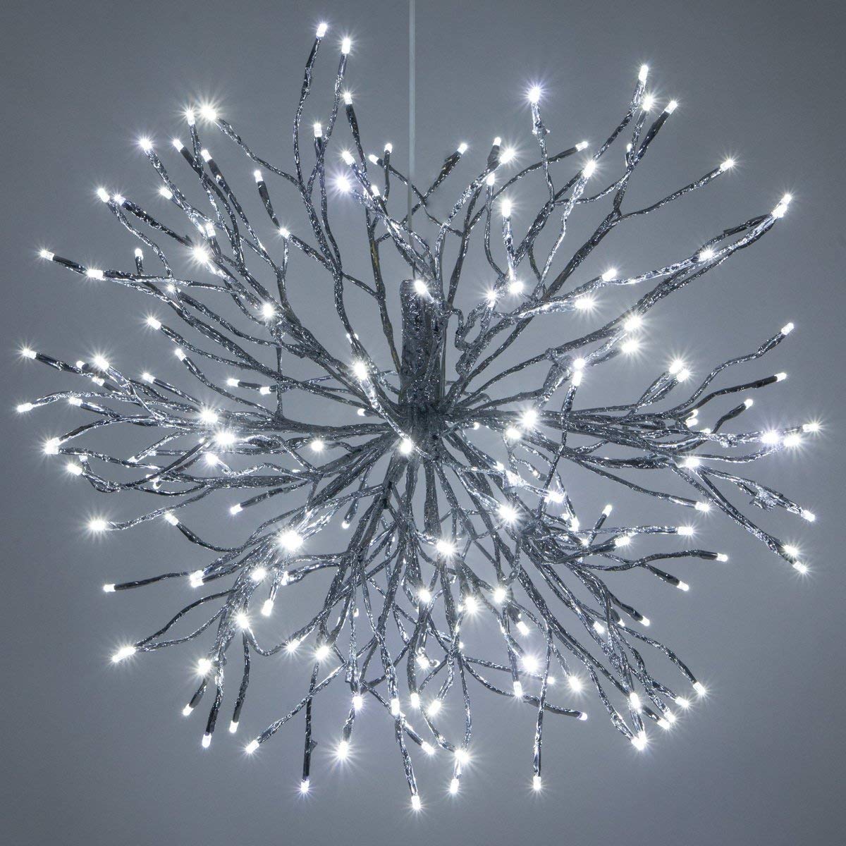 Wintergreen Lighting 24 Silver Star Burst Fairy Light Ball Cool White LED Twinkle Lights - Lighted Branches for Wedding, Party & Home Decor - Christmas Tree Ornaments, Bedroom Lighting & Outdoor Garden Decorations (24, Silver Branches/Cool White)