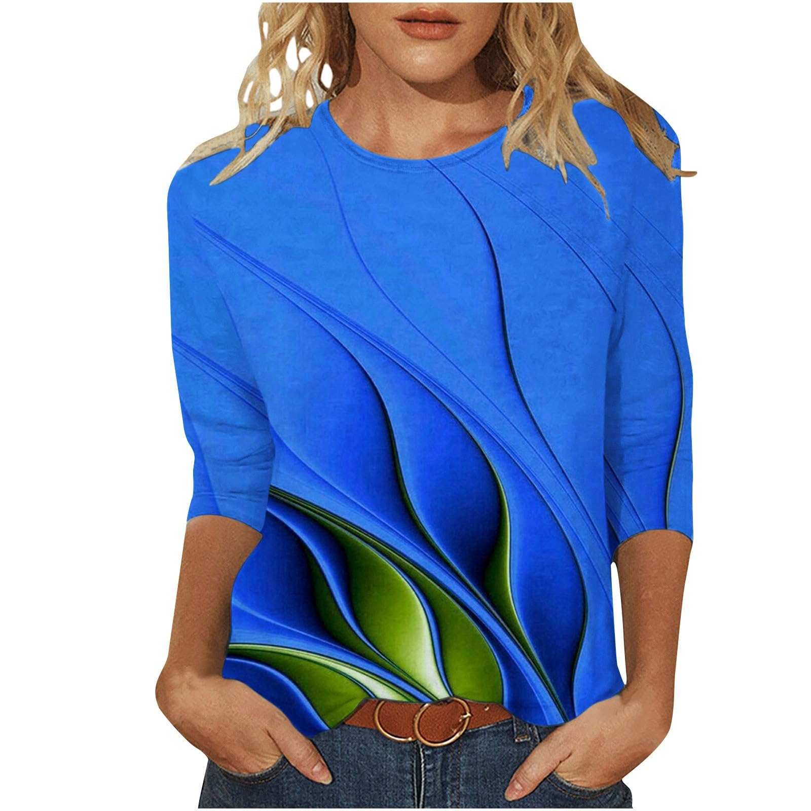 Wodceeke Women's 3/4 Sleeve Graphic T-Shirts - Trendy Printed Summer Tops 2024, Casual Blouses for Ladies | Perfect for Daily Wear, Office, Dating & Weekend Outfits