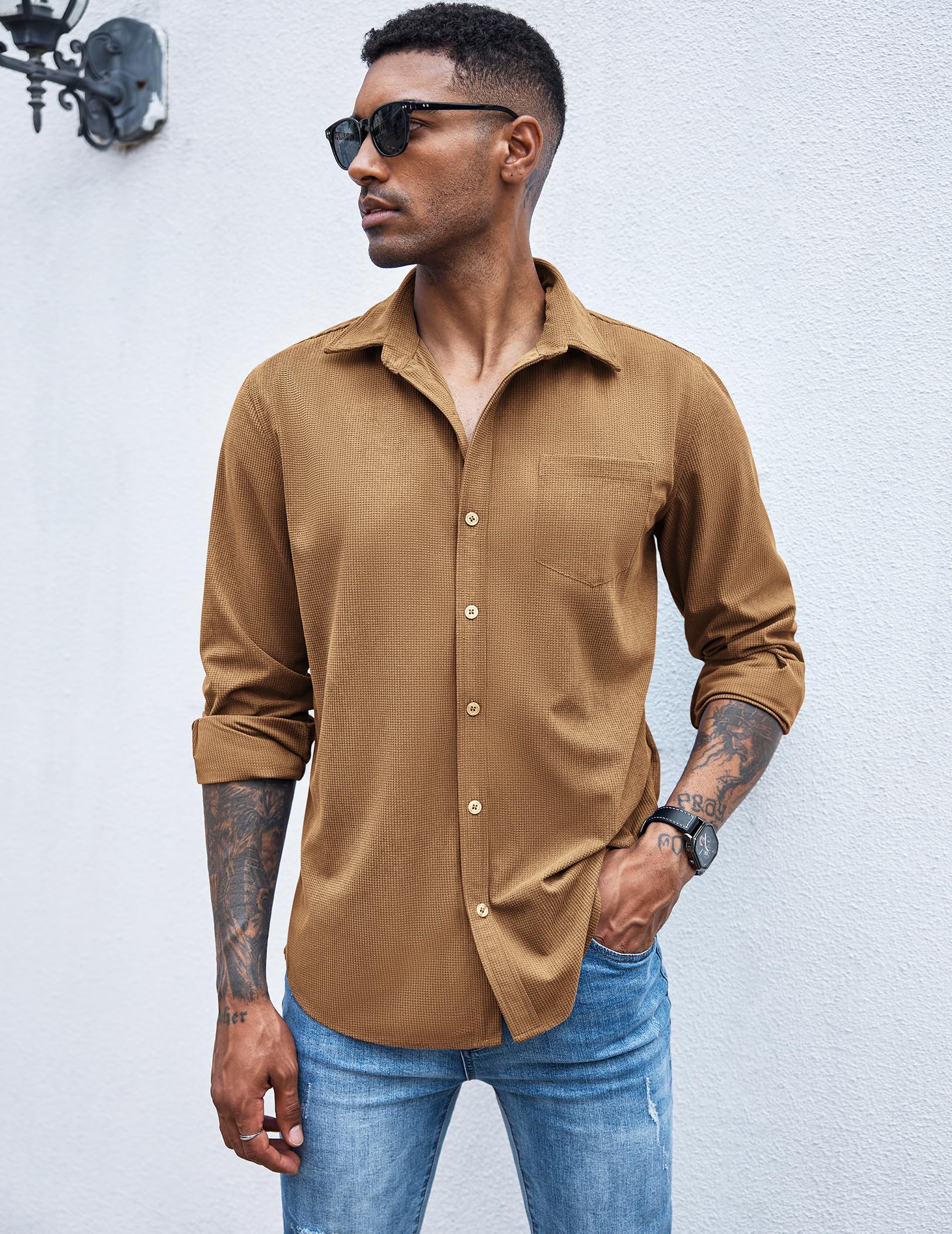 COOFANDY Men's Waffle Knit Button Down Shirt Jacket - Casual Long Sleeve Shacket with Chest Pockets | Perfect for Fall Layering, Outdoor Adventures & Streetwear Fashion