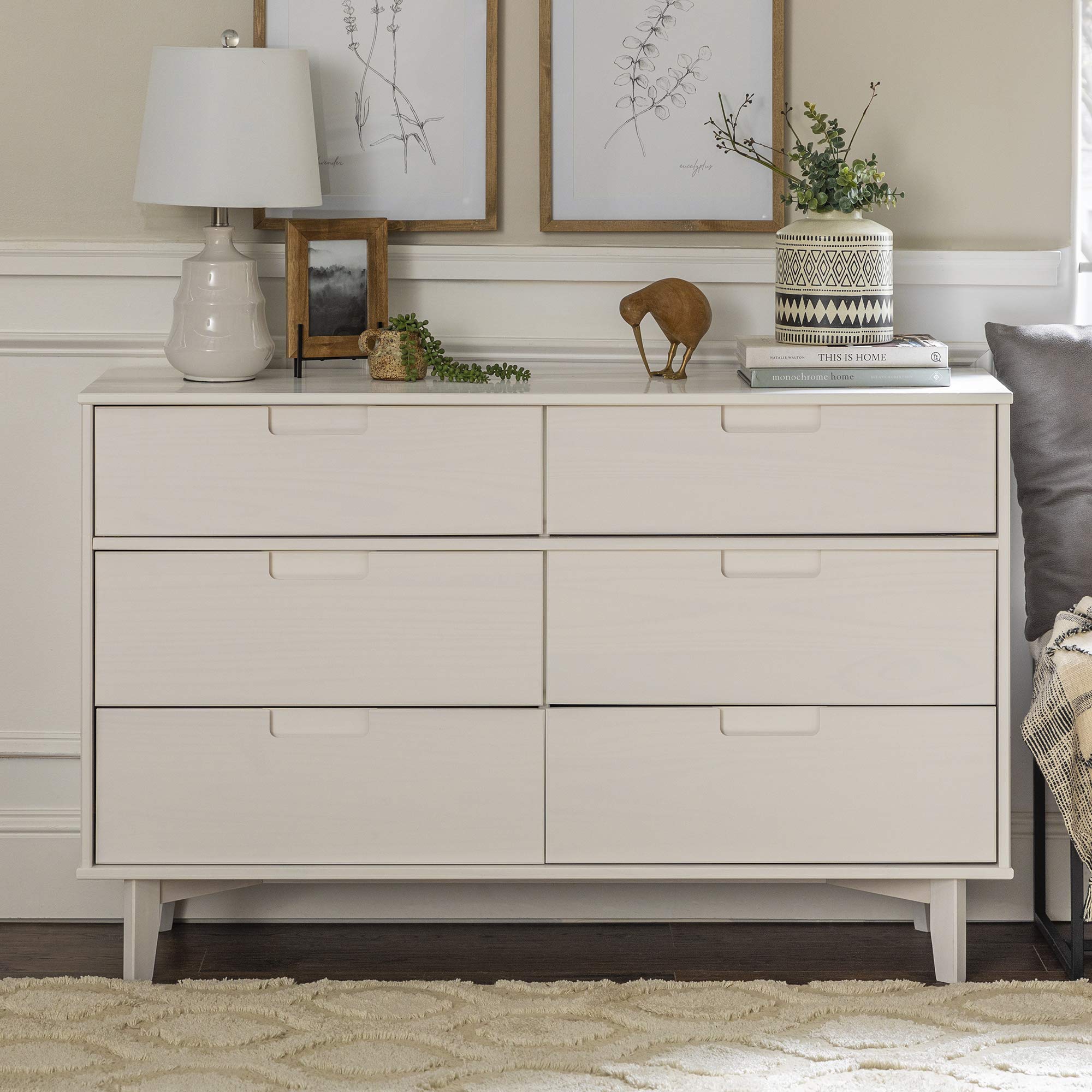 6-Drawer Wooden Dresser with Groove Handles - White Finish for Bedroom, Living Room & Nursery Storage