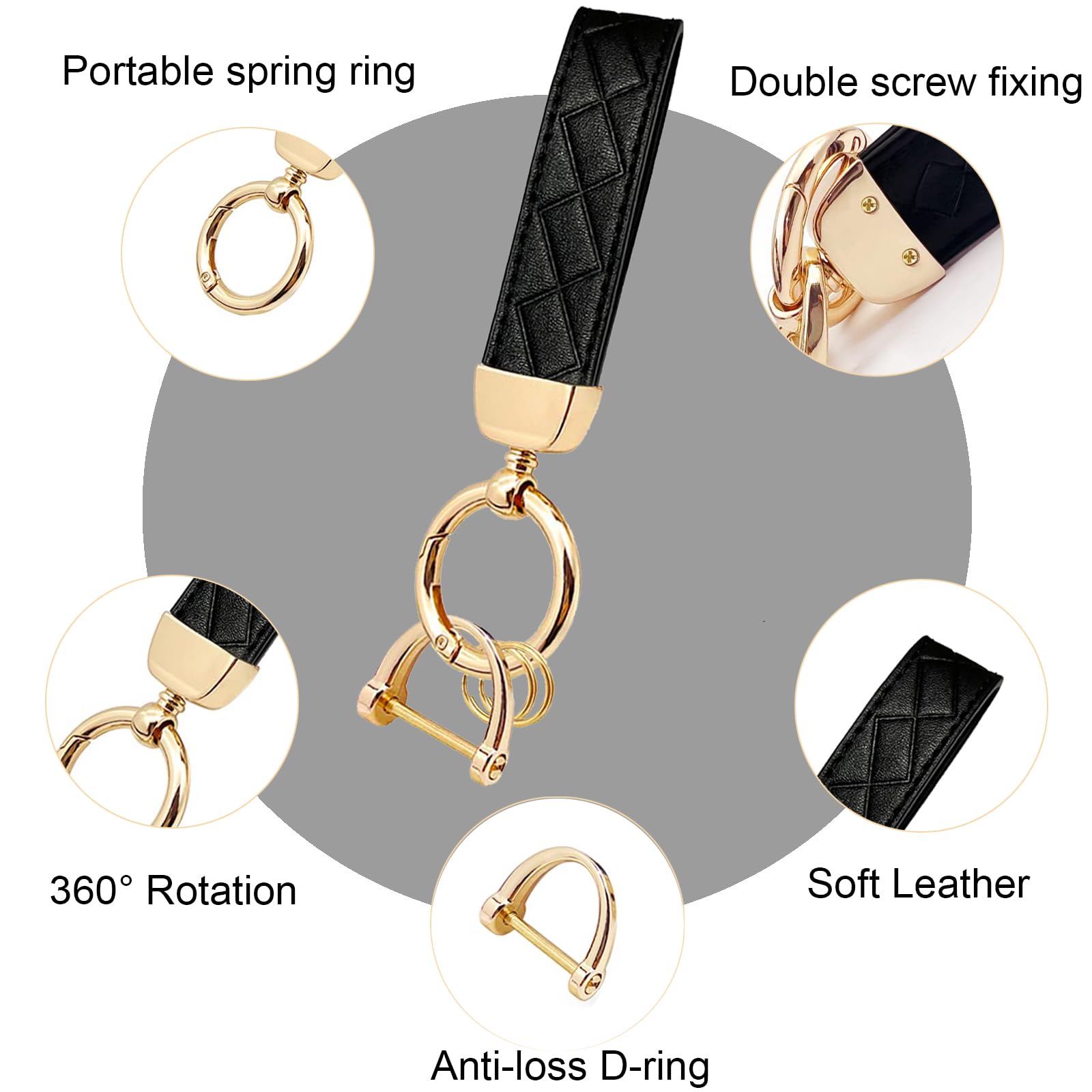 Leather Car Keychain with D-Ring - Universal 360 Degree Rotatable Key Fob Holder for Men & Women (Black & Gold) | Anti-Lost Key Organizer for Car Keys, House Keys & Office Keys