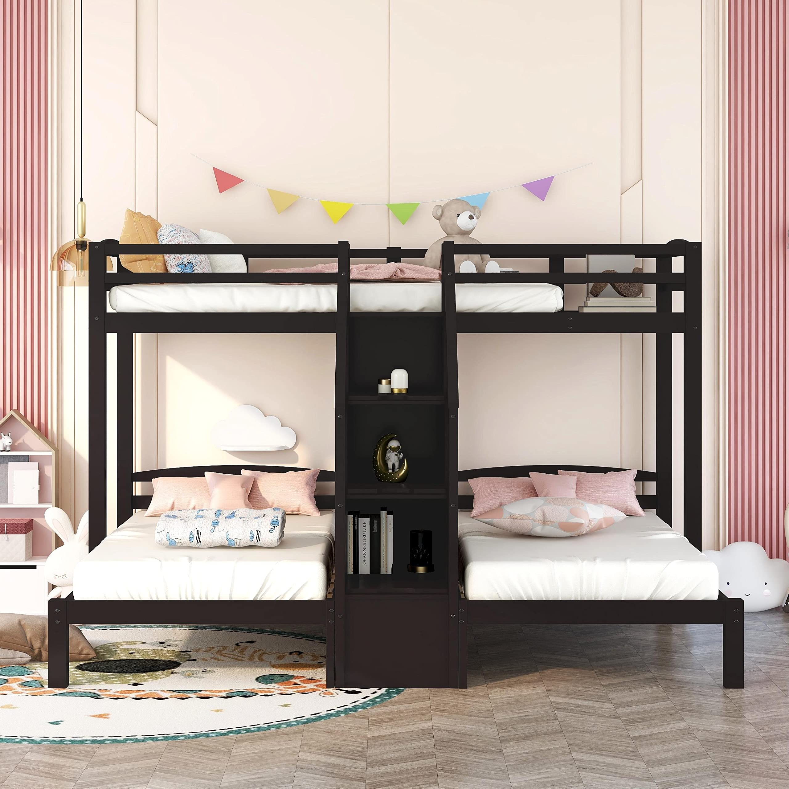 P PURLOVE Triple Bunk Bed for Kids & Teens - Twin Over Twin Wooden Bunk Bed with Built-in Staircase, Storage Drawers & Shelves - Space Saving 3 Tier Bunk Bed Frame for Bedroom, Dorm or Kids' Room - Espresso Finish